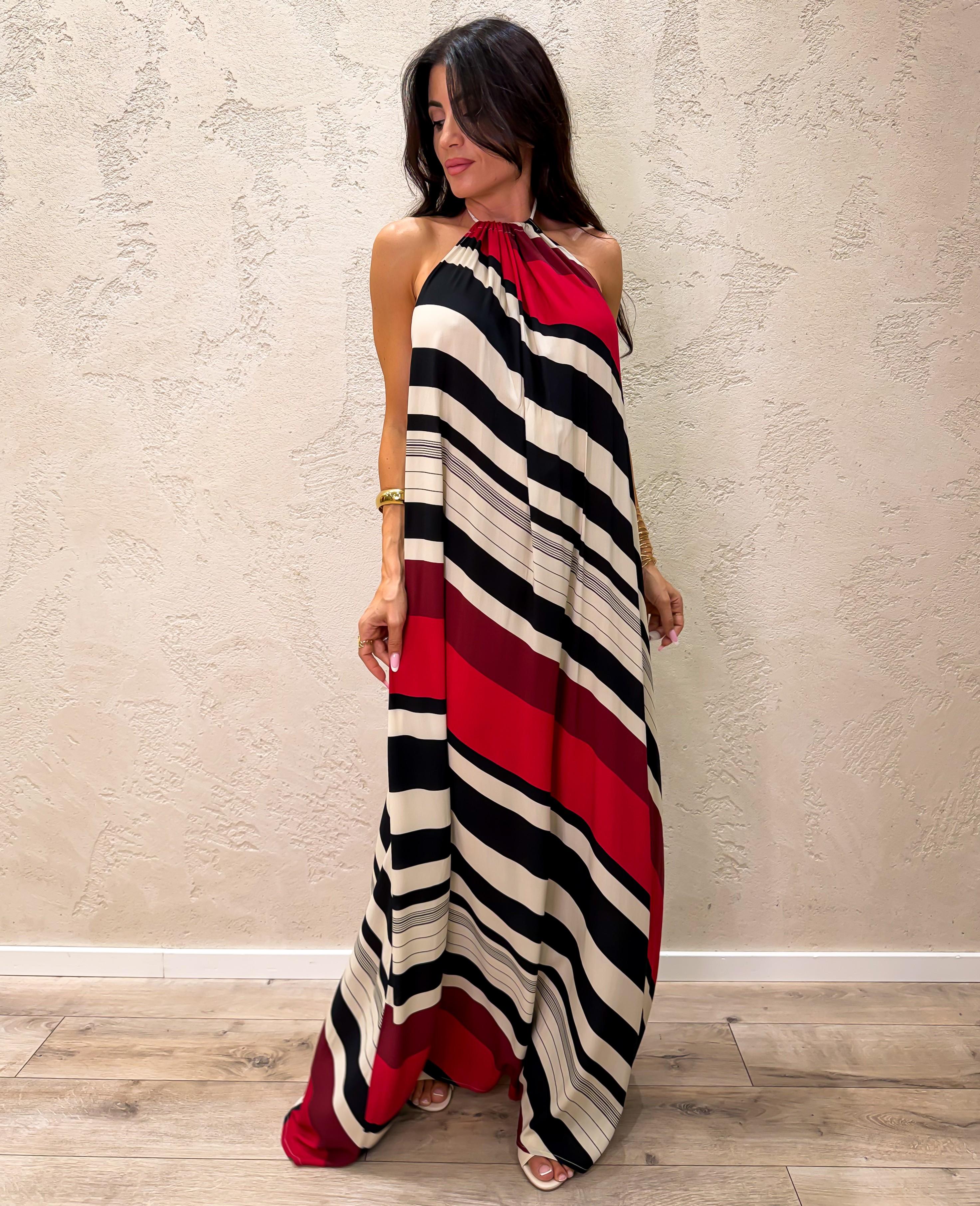 abito lungo con scollo all'americana in fantasia righe TAB2971 ROSSO/NERO/BURRO VICOLO