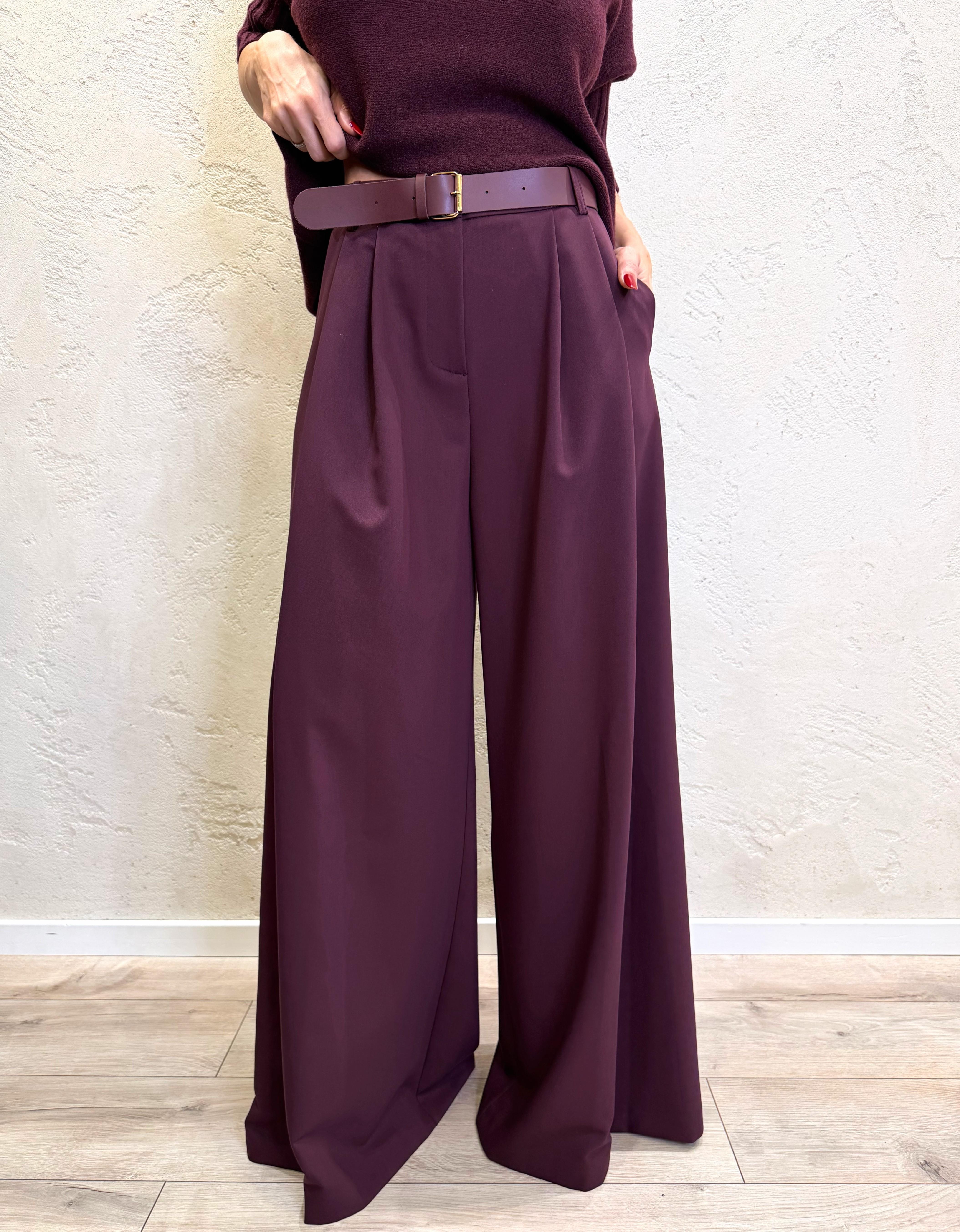 pantaloni palazzo a vita alta con pince P3U0KICM57 PRUGNA IMPERIAL