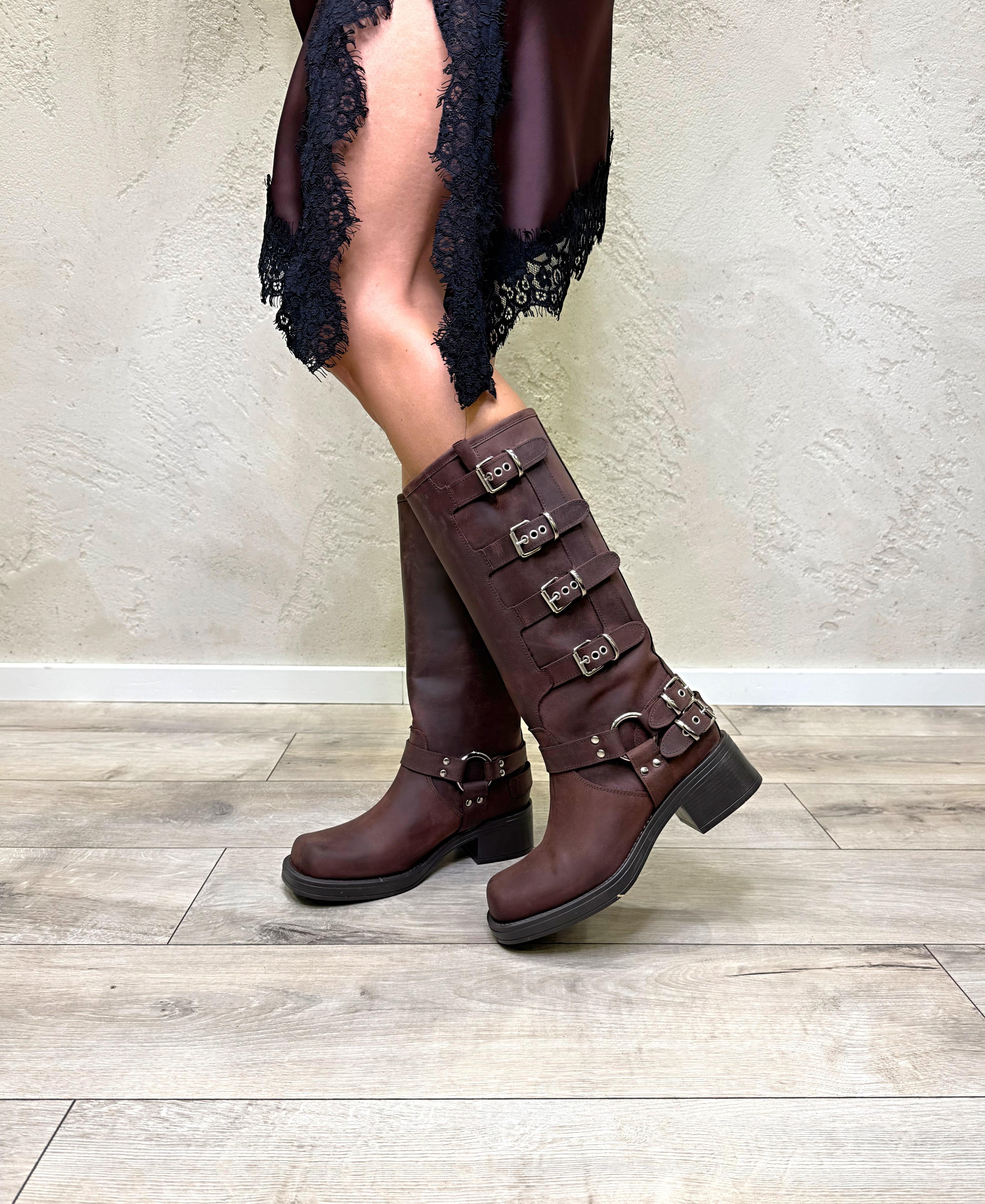 biker in pelle con fibbie 7176 MORO OVYE'