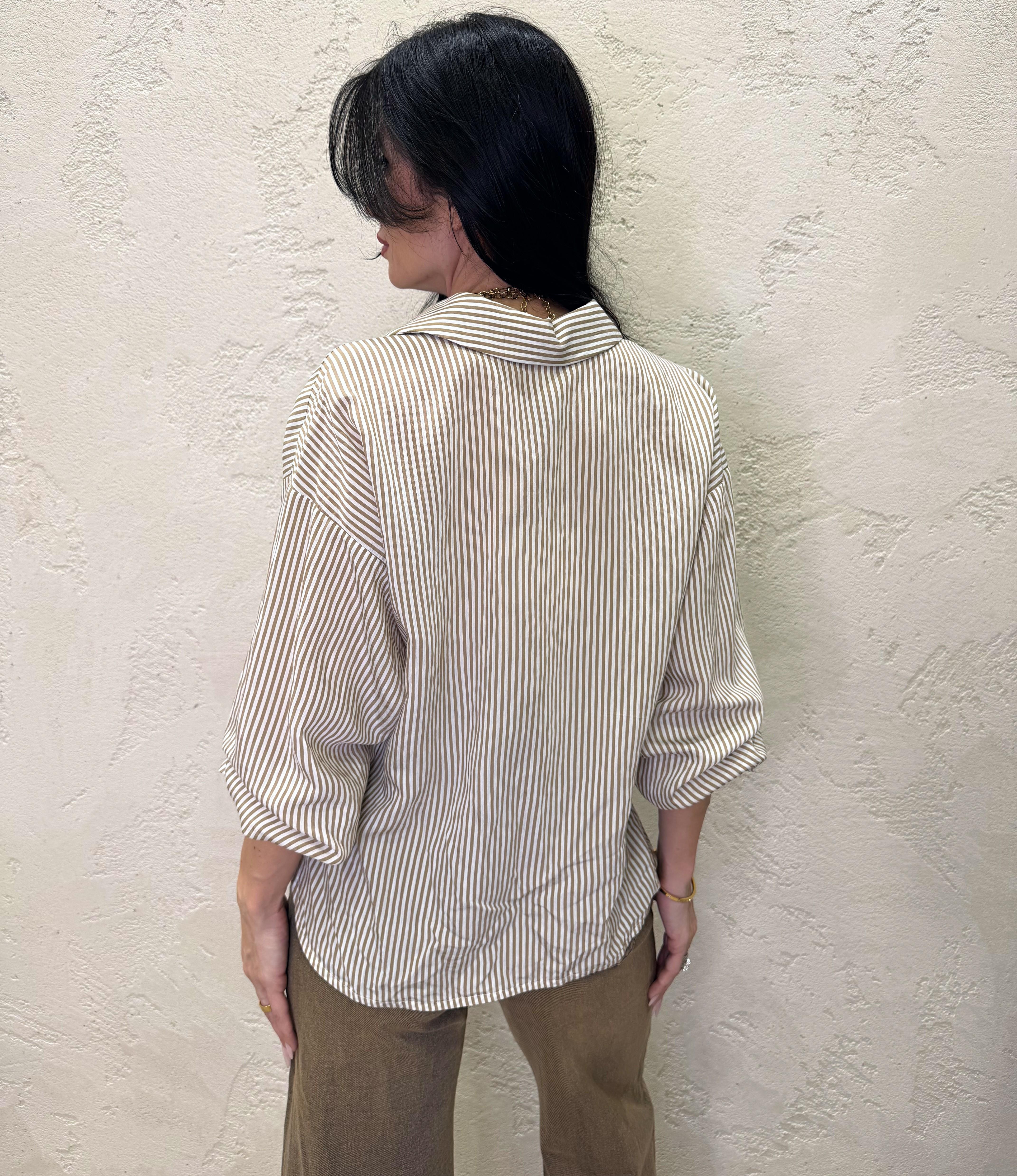 camicia a righe in popeline misto viscosa S26C153 CAMMELLO TENSIONE IN