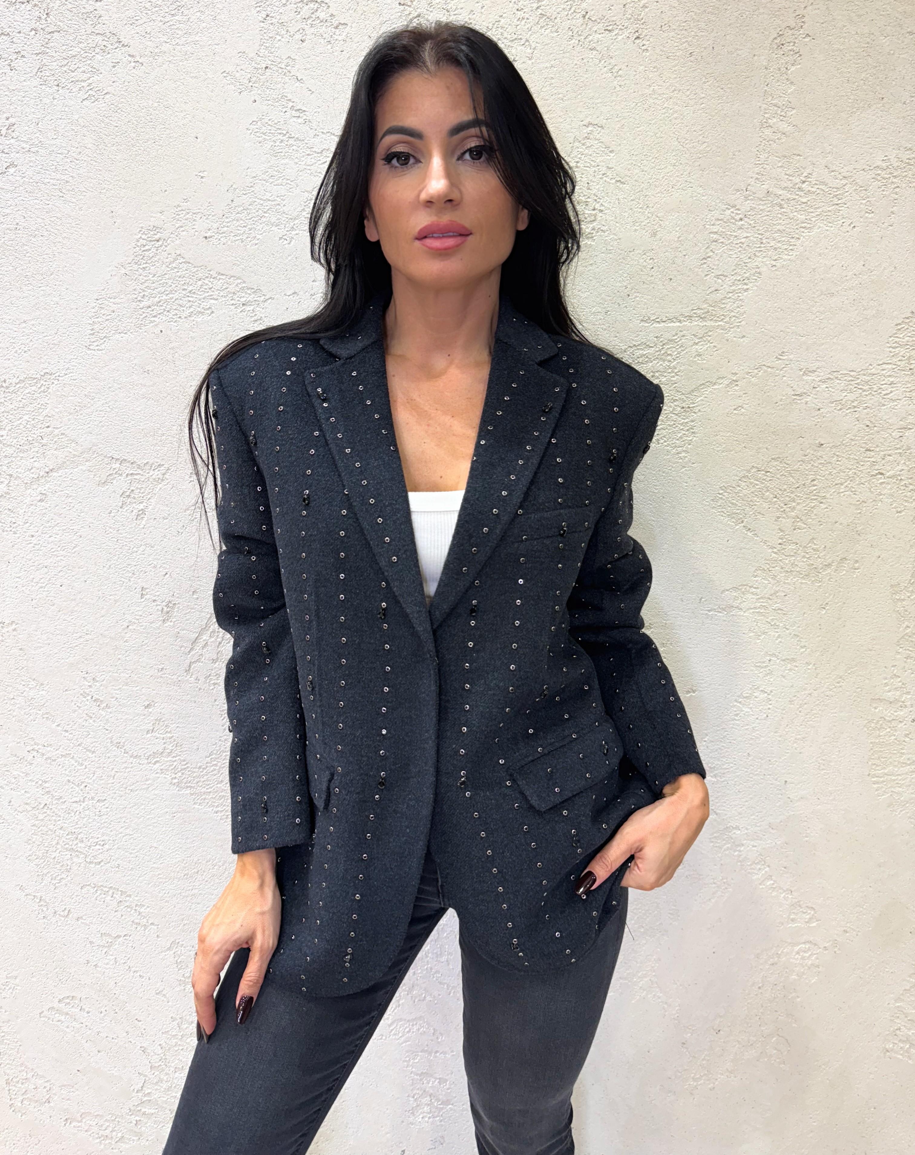 cappotto HAND MADE over misto lana con borchiette e strass TF0032 ANTRACITE VICOLO