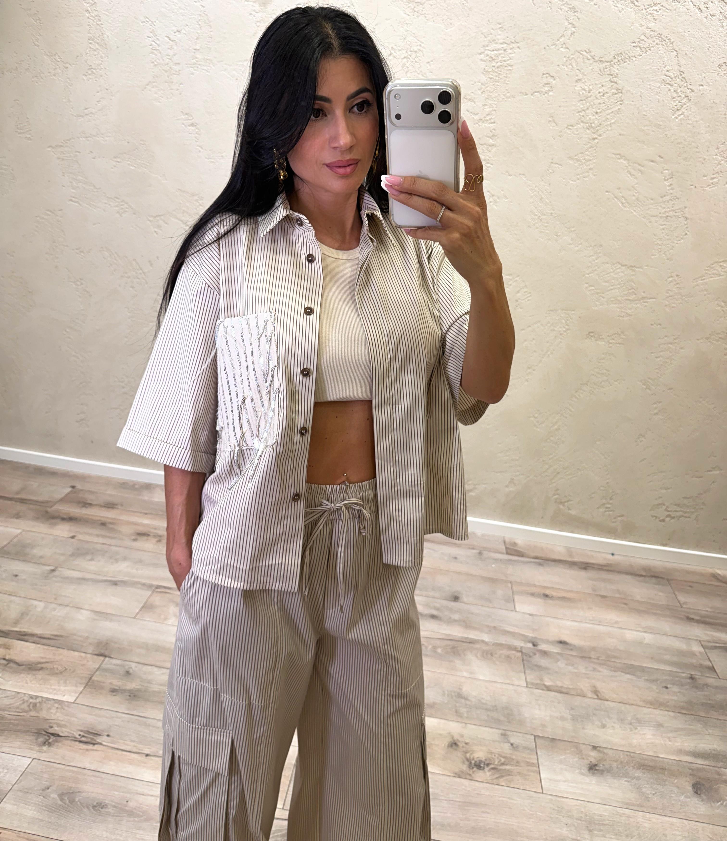 camicia a righe con tasca pailettes e piume 26C5138 BEIGE TENSIONE IN