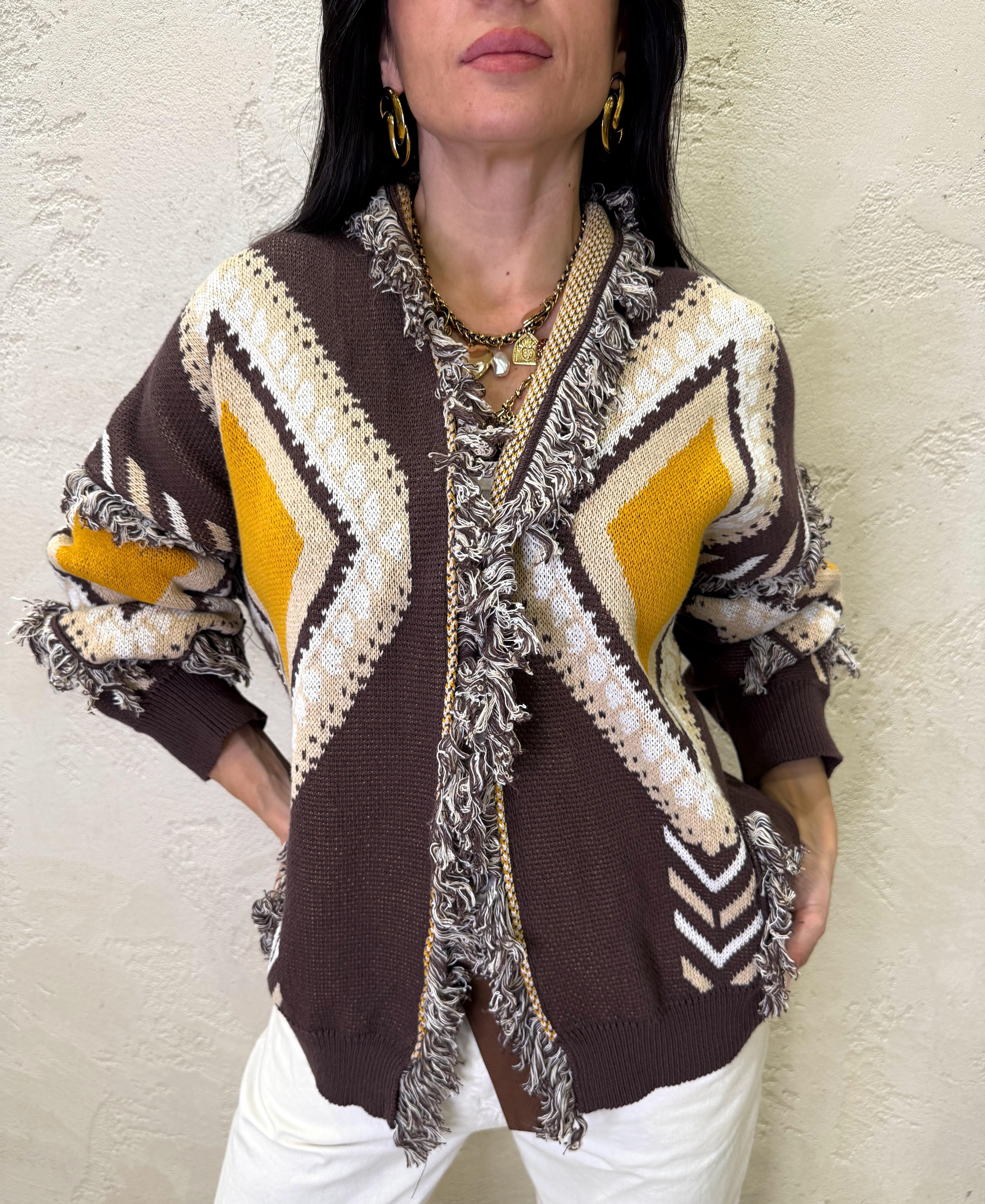 cardigan in maglia aperto con frange P6HMG17A414 MORO/OCRA TENSIONE IN
