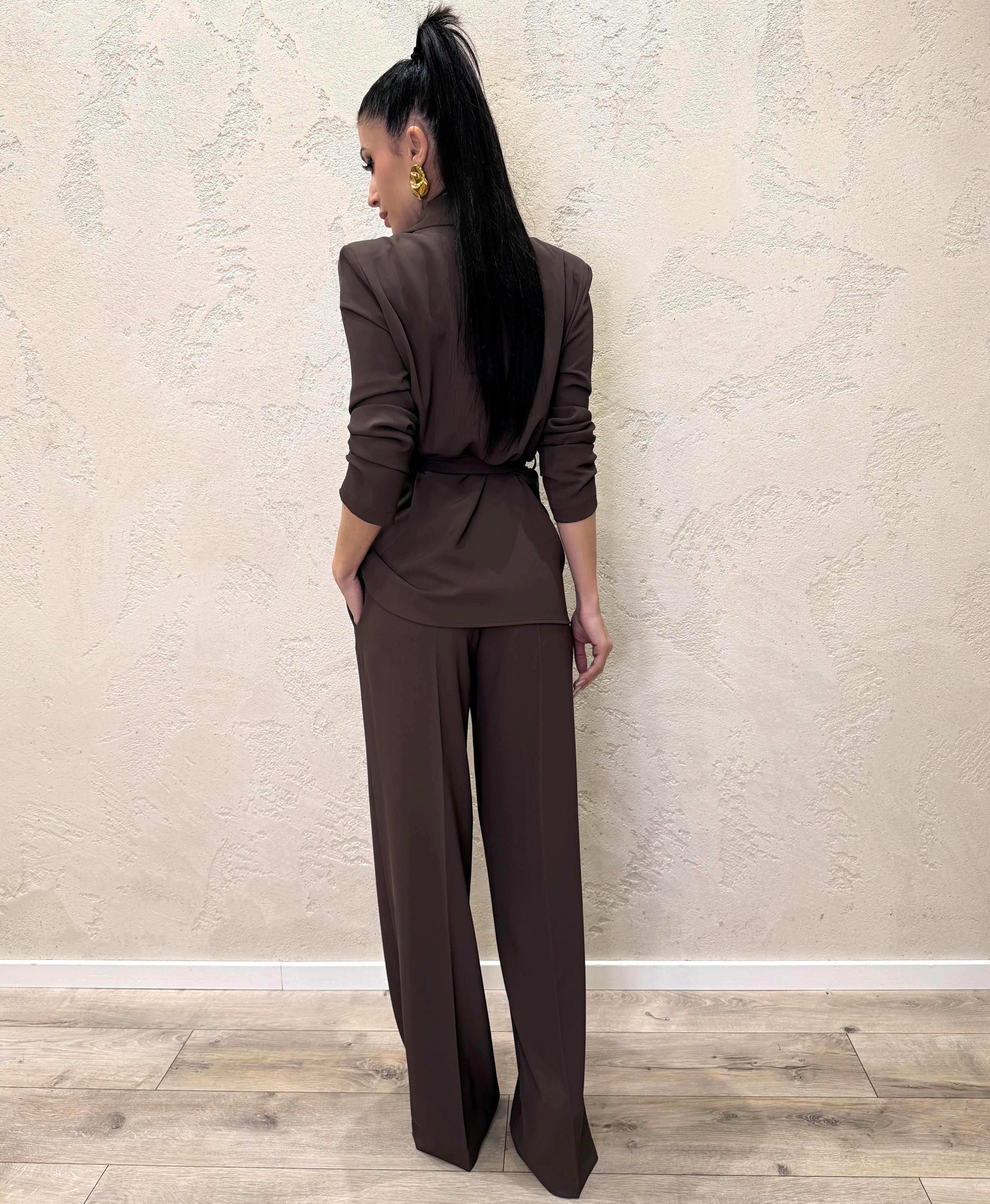 completo blazer con cintura e pantalone tessuto fluido 303211 MORO SUSY MIX