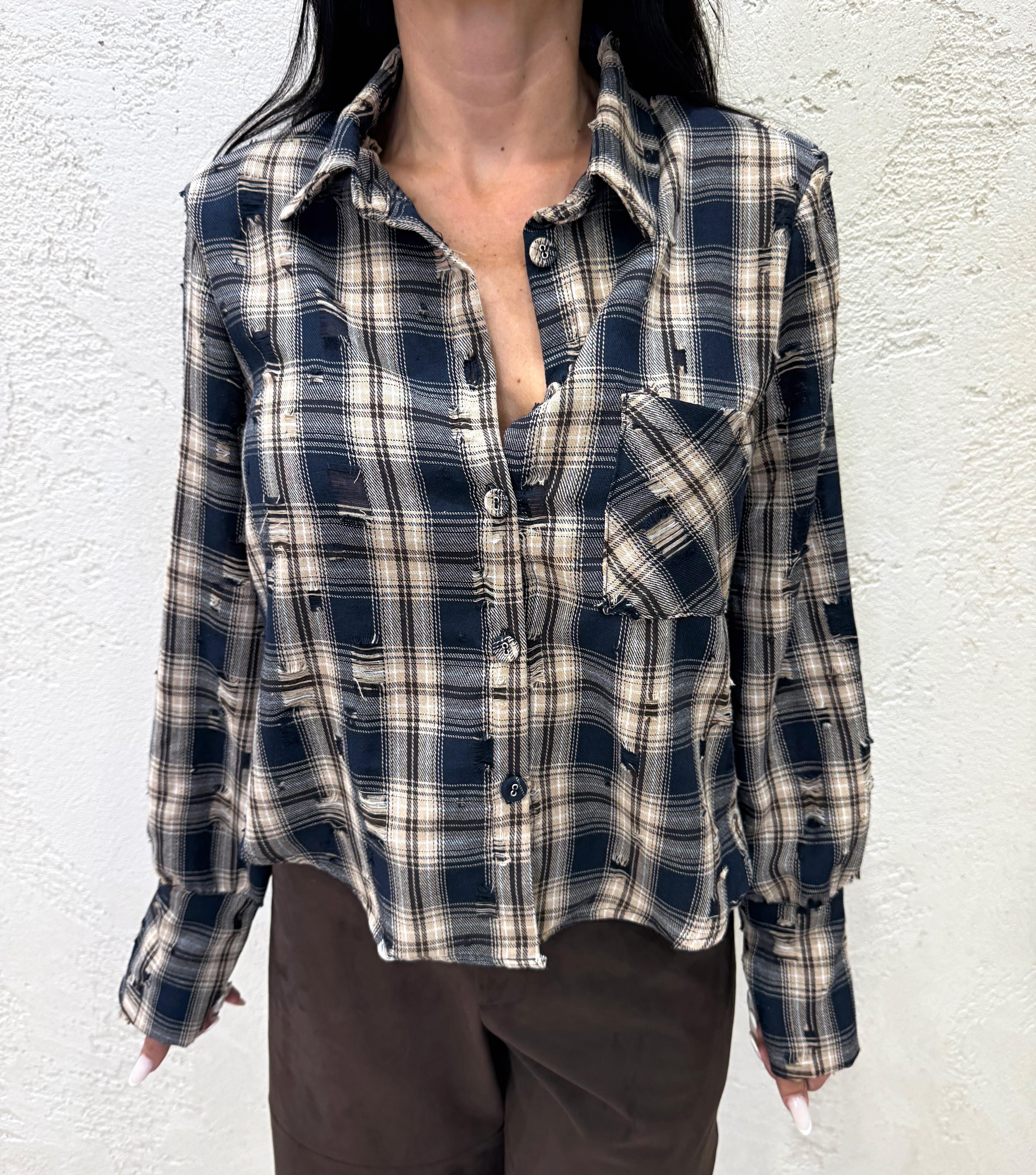 camicia a quadri con strappi Y1138AI14 BEIGE SUSY MIX