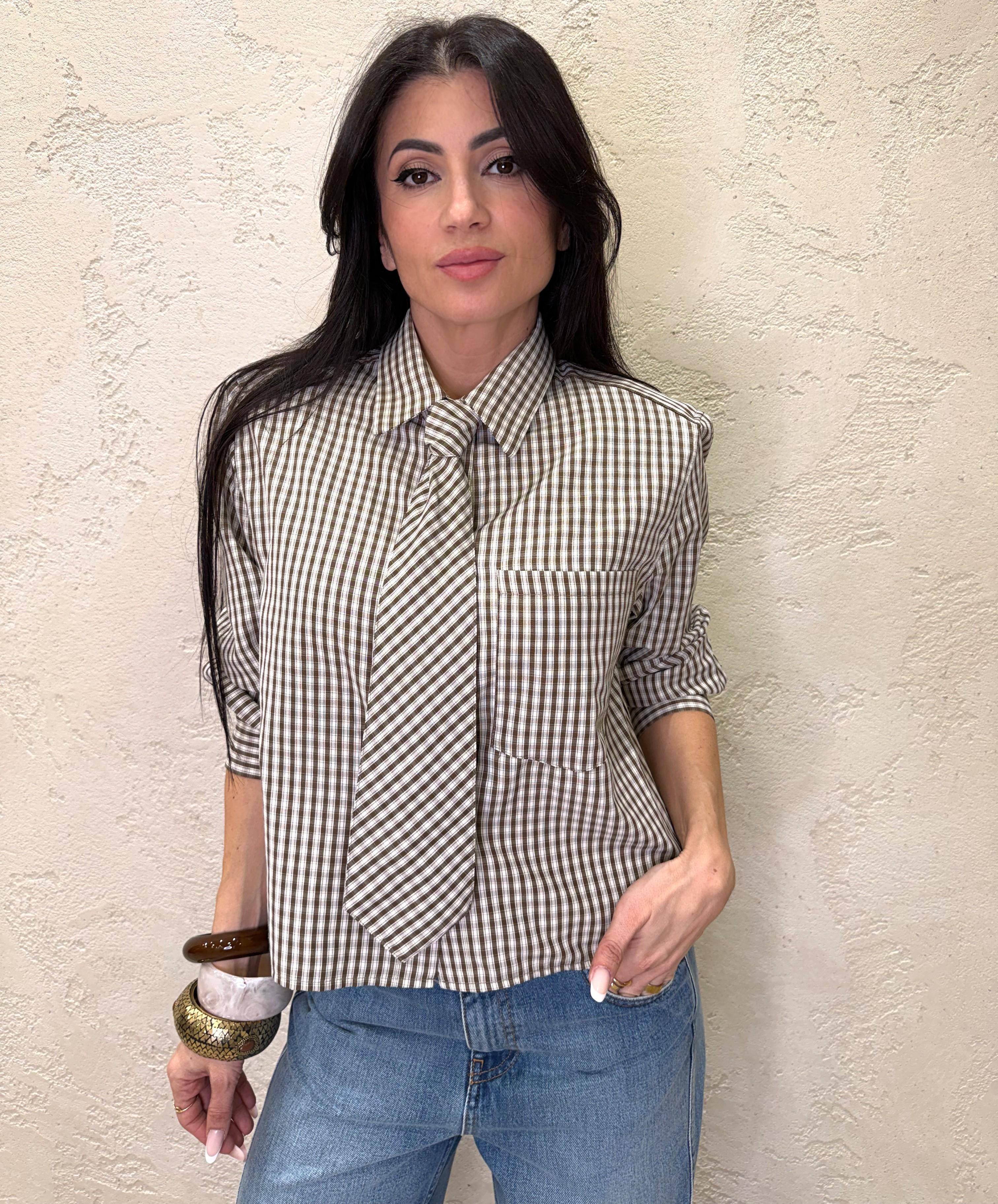 camicia a scatoletta con cravatta in dotazione fantasia check PE260086 MORO TENSIONE IN