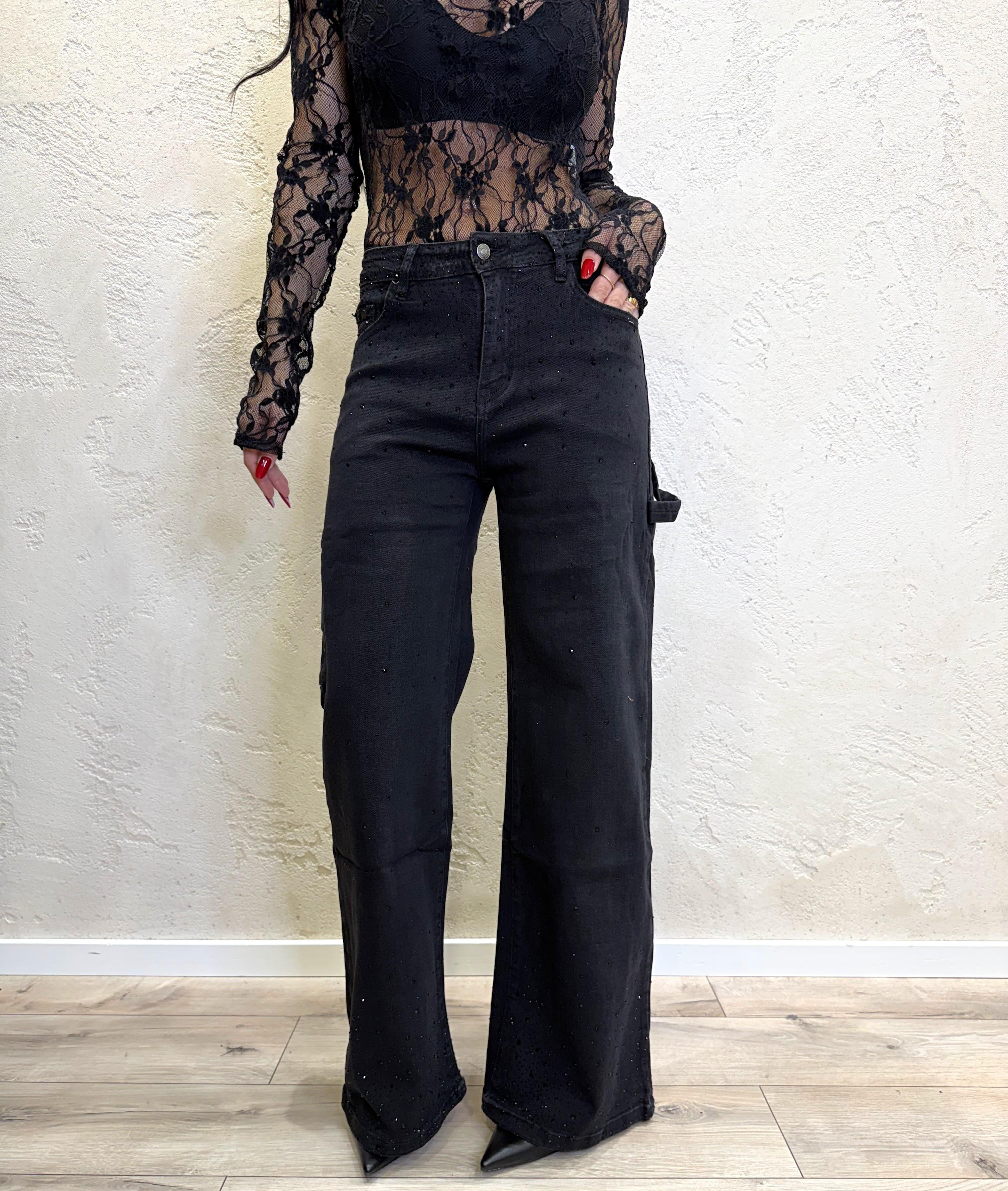 jeans modello work a gamba larga con strass JWSTRASS NERO ELEVI