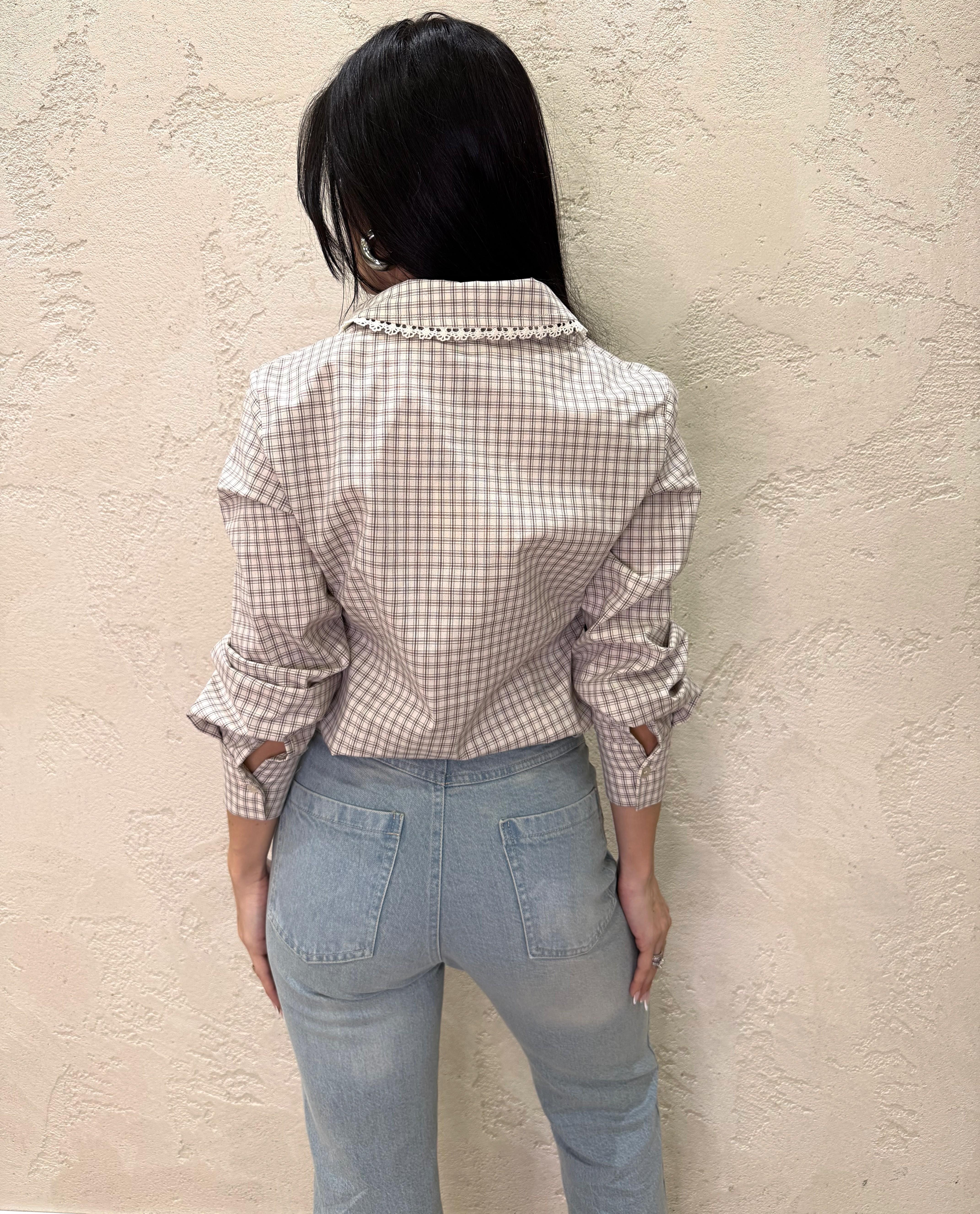 camicia a quadri con orli in pizzo TAB1085 BEIGE VICOLO