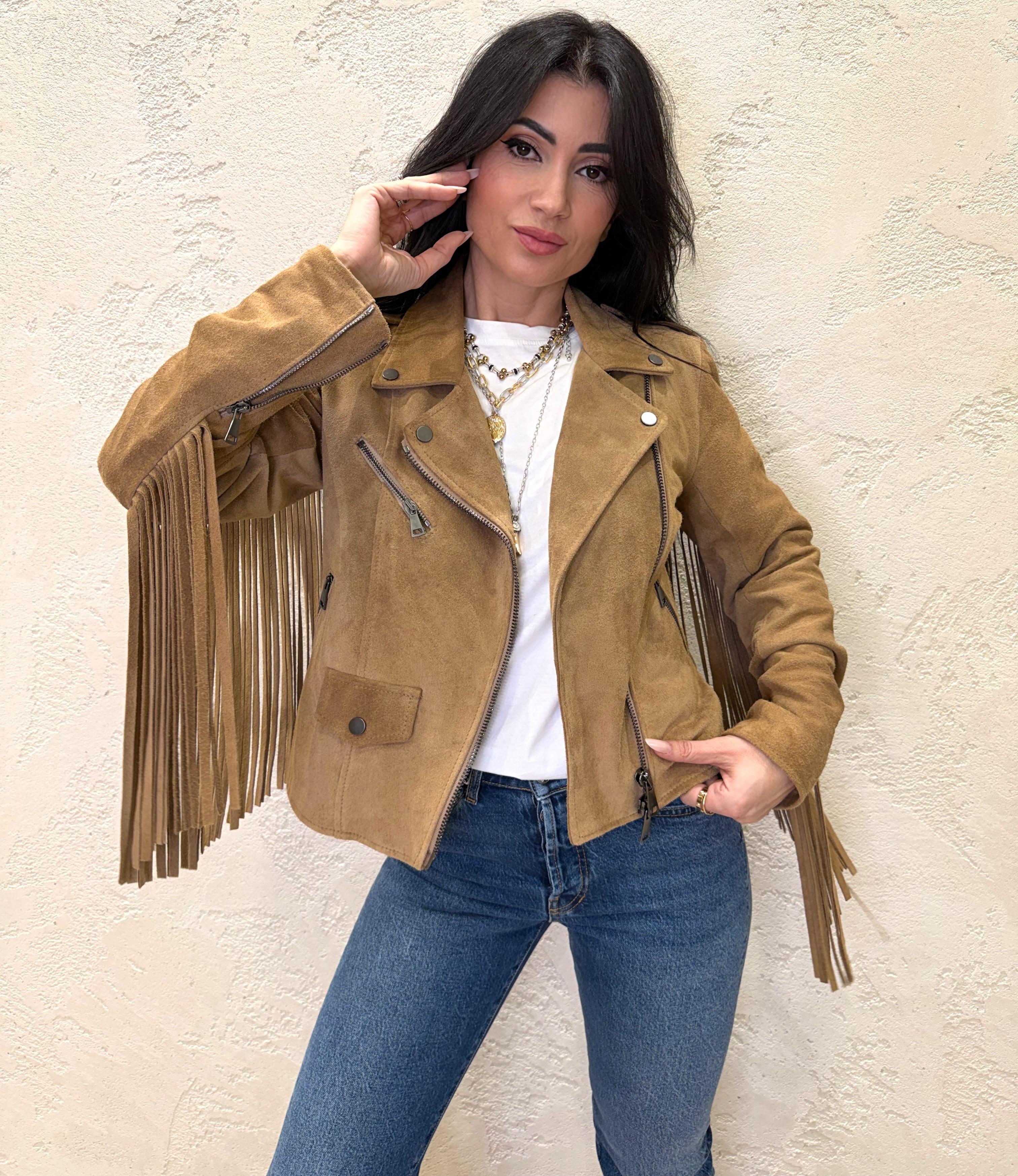 chiodo in pelle scamosciato con frange TAB0172 BEIGE VICOLO