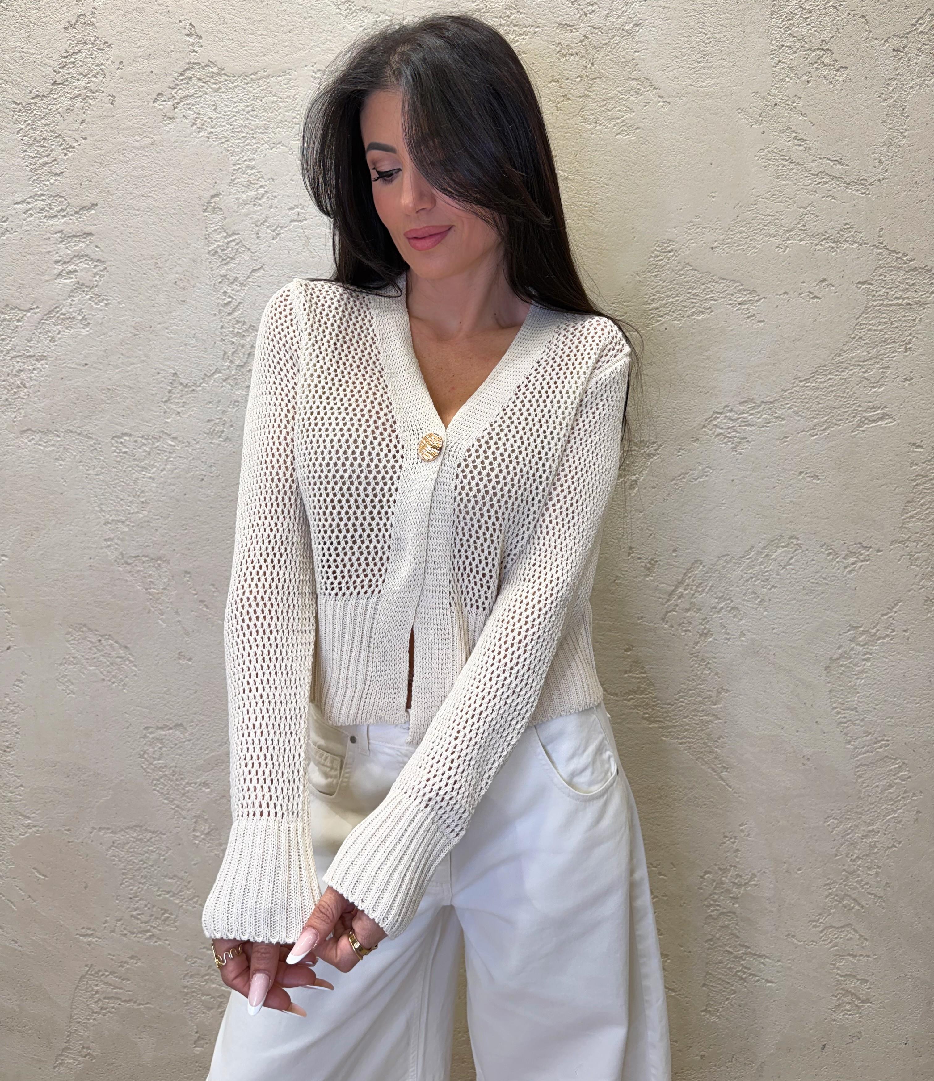 cardigan in maglia traforato con bottone singolo 26216 LATTE SUSY MIX