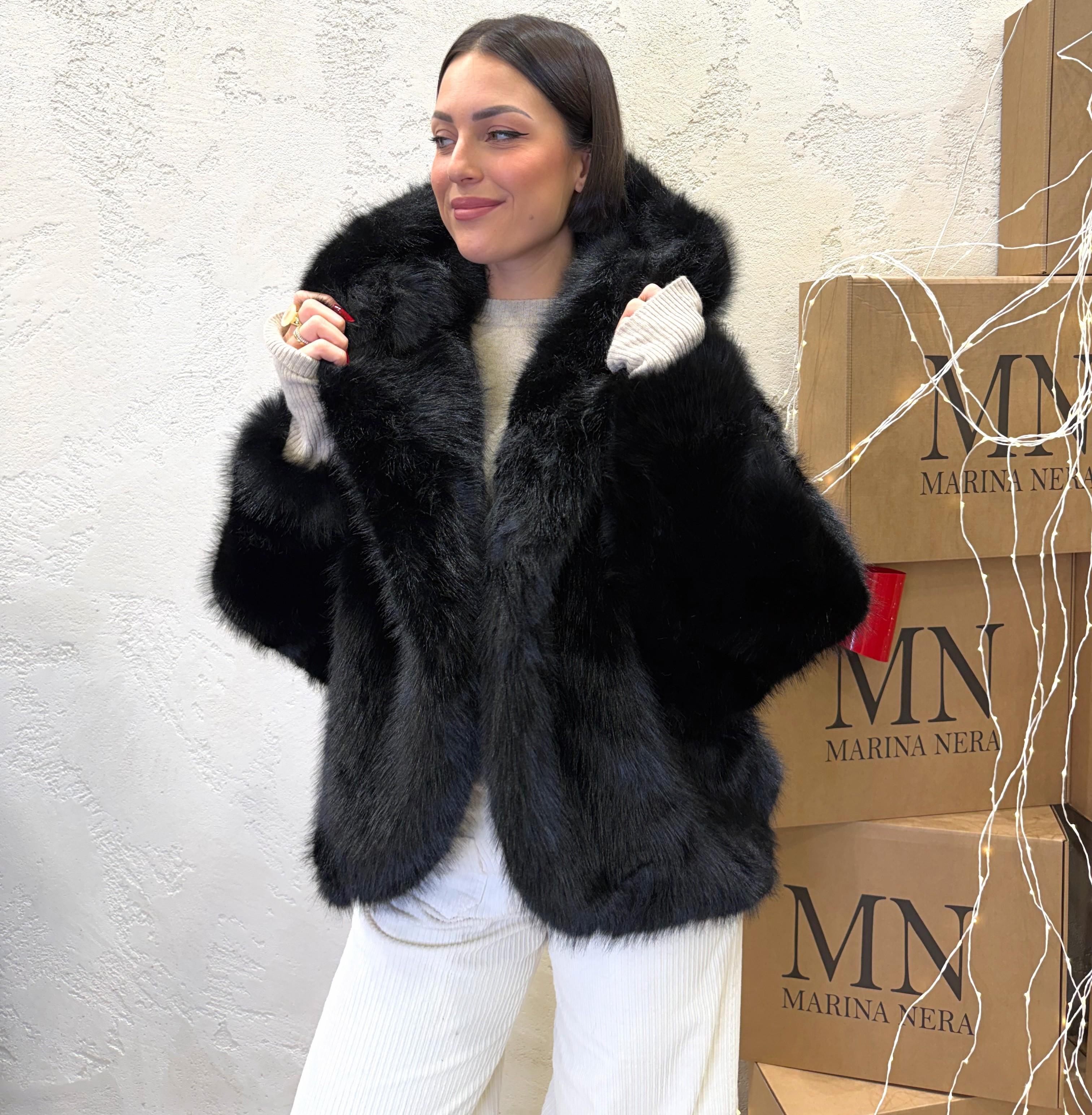 pelliccia con collo a rever e cappuccio PREVCAP NERO ELEVI