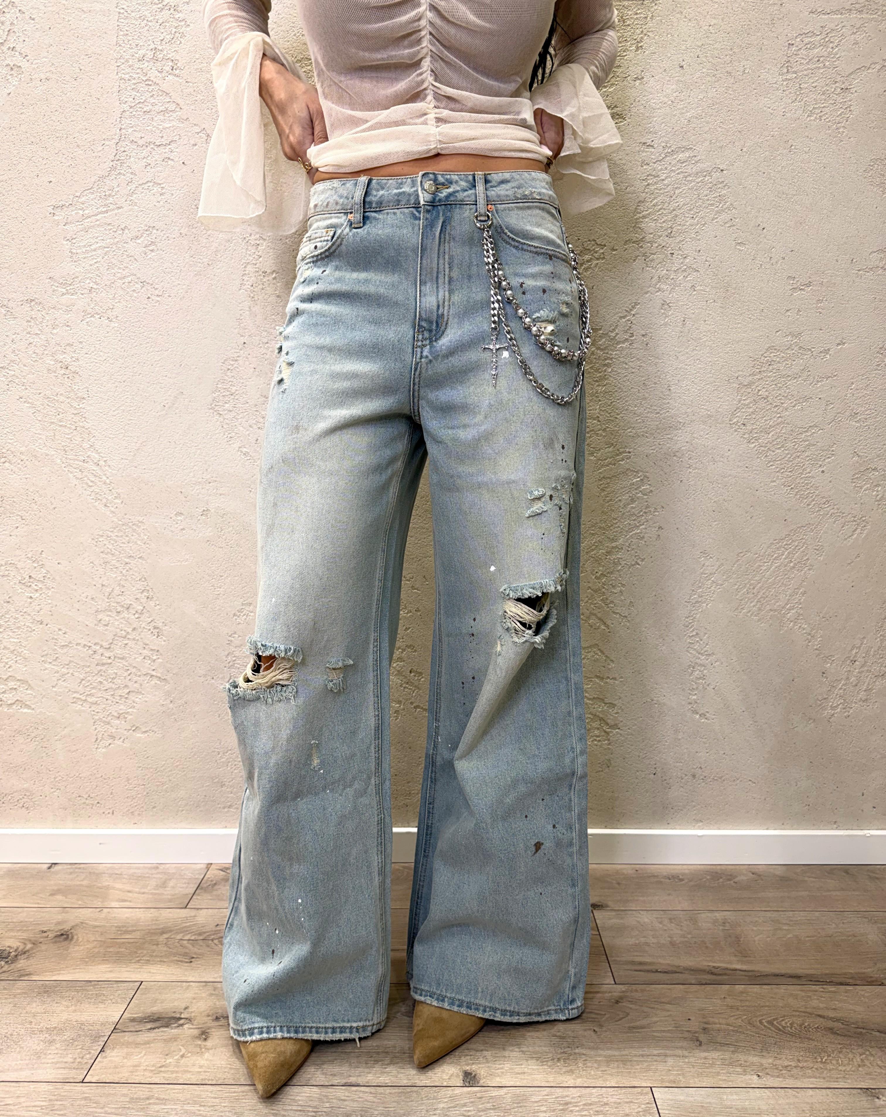 jeans in tela ferma modello cloe wide leg con strappi e catena JNS-CLOE SLAVATO ELEVI