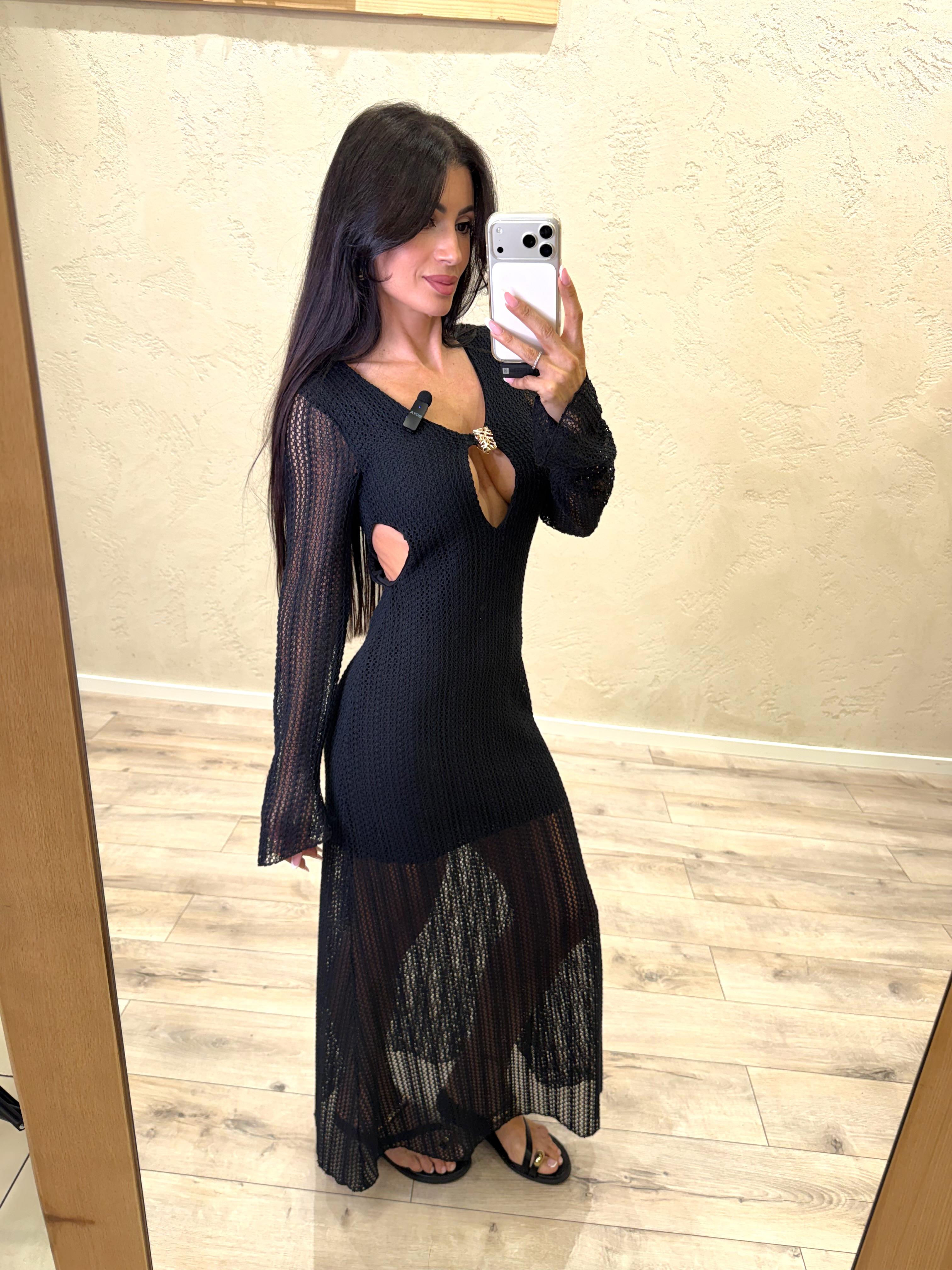 abito lungo crochet con cut out e accessorio AMA-Q047 NERO HAVEONE