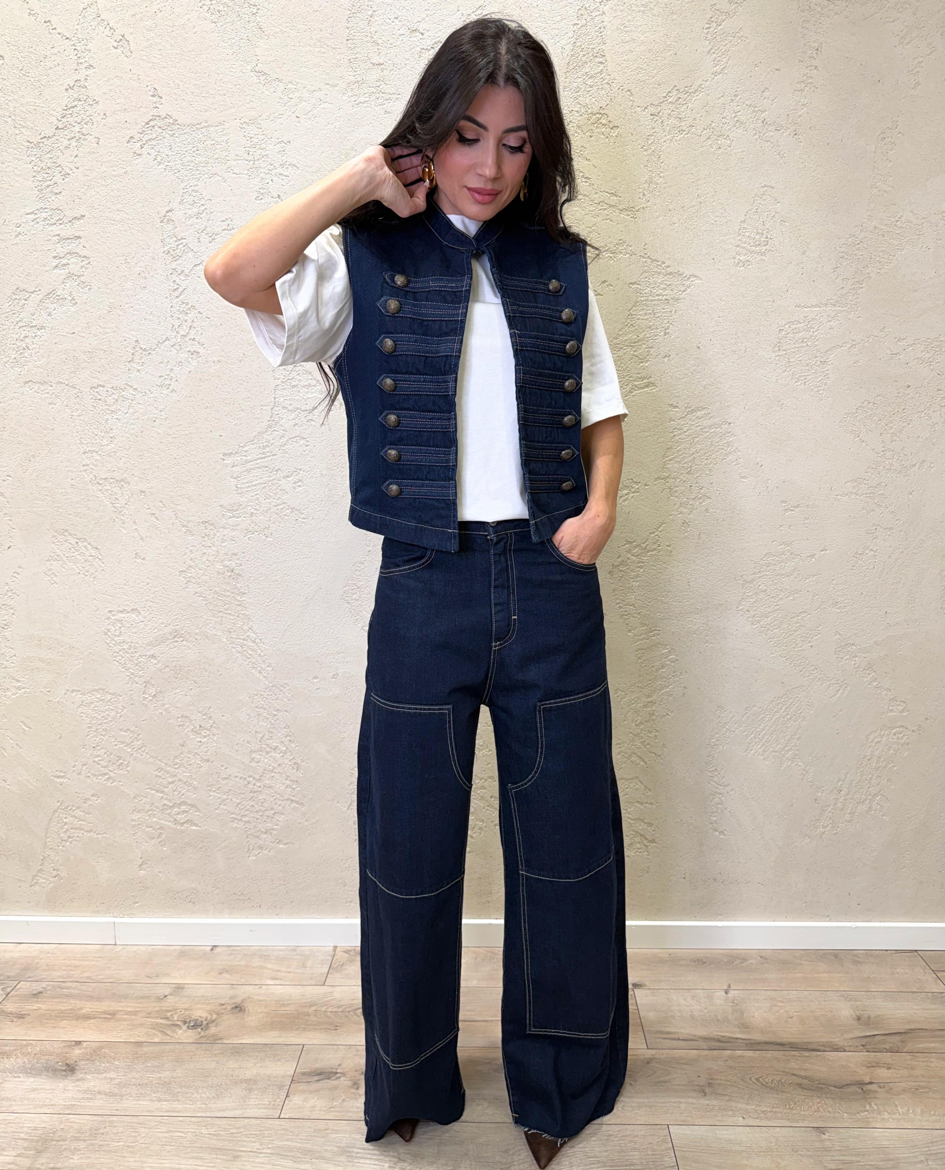 gilet napoleone in denim modello a scatoletta 38905 DENIM TENSIONE IN