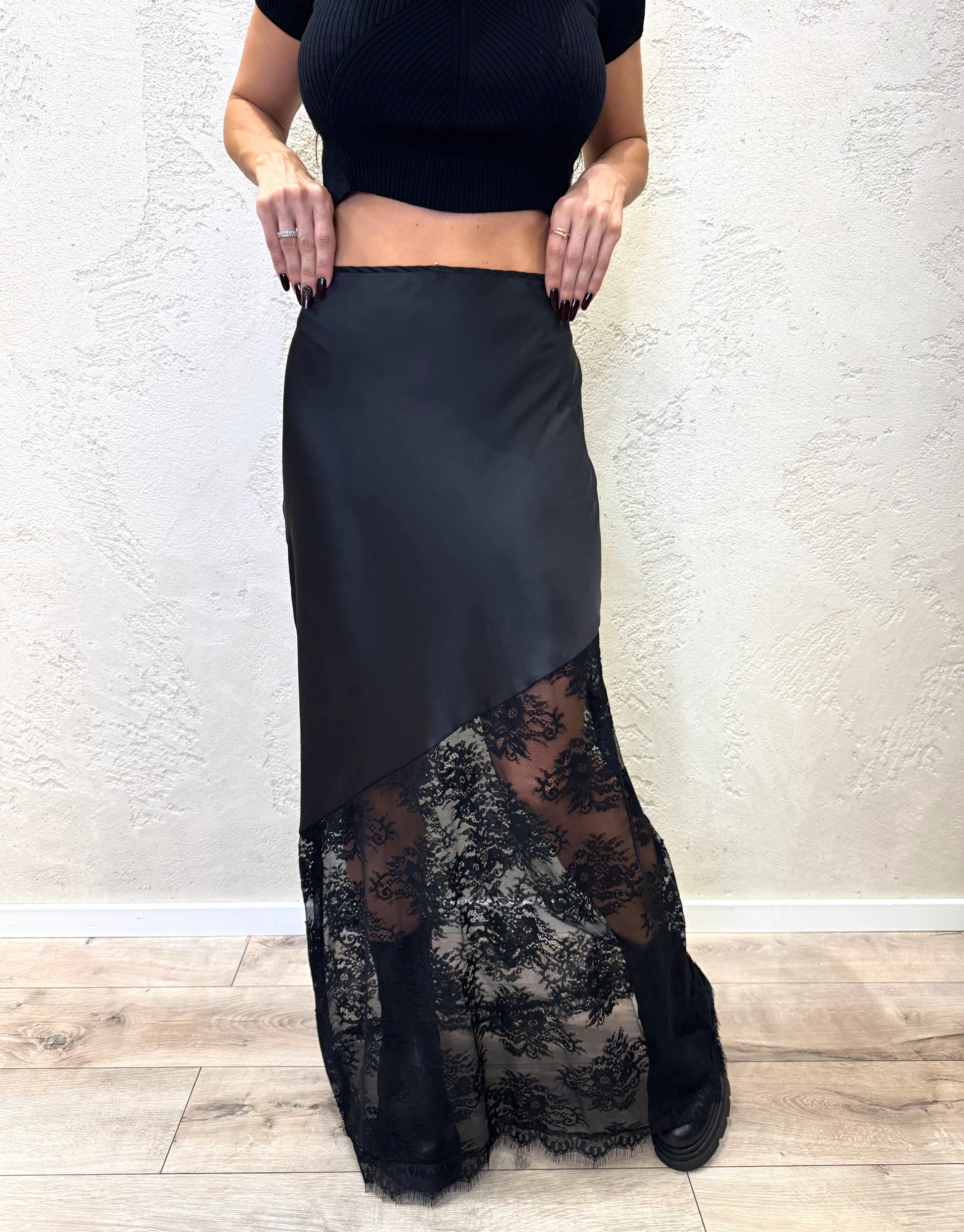 gonna lunga doppio tessuto satin e pizzo GMA-9064 NERO HAVEONE