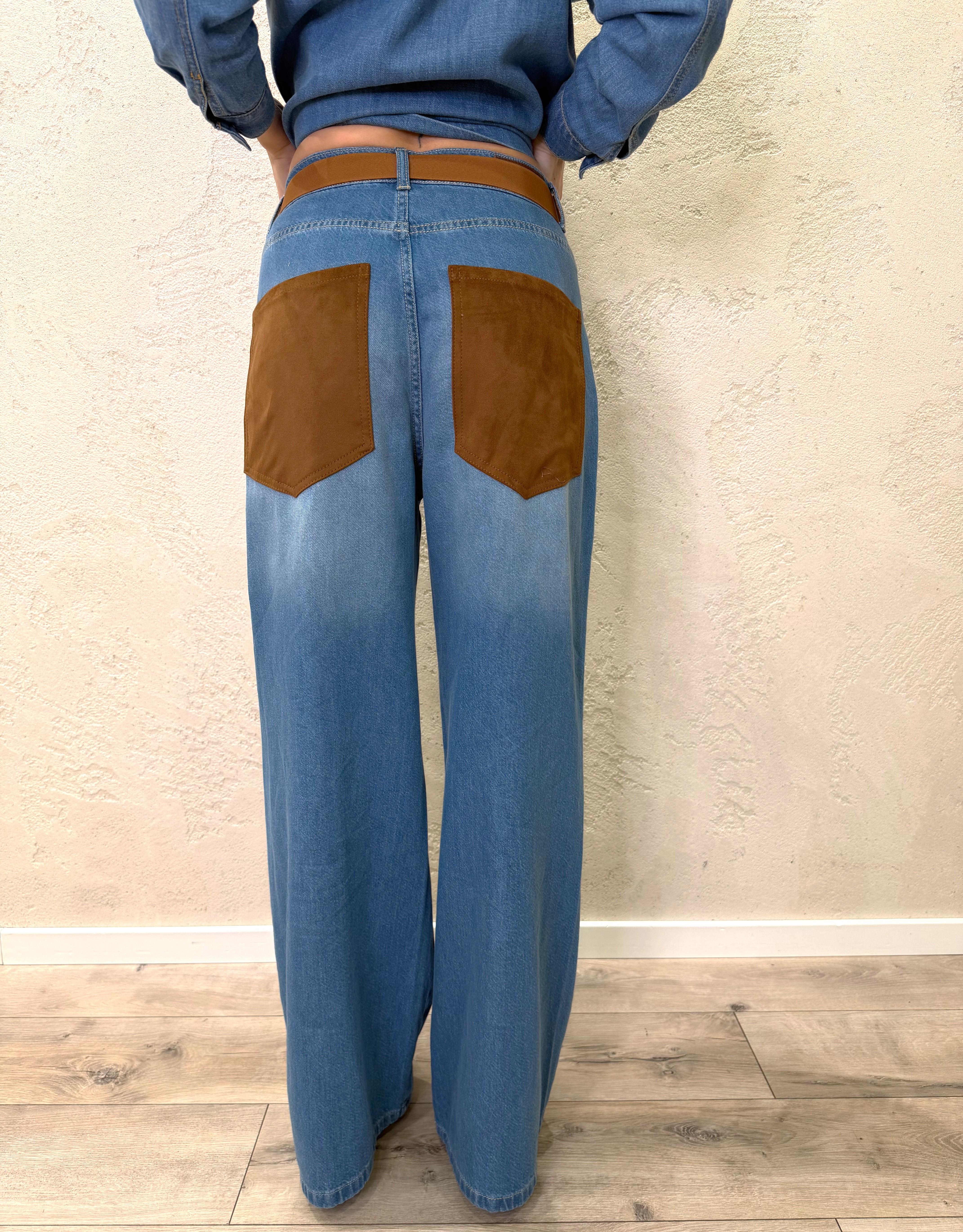 jeans modello wide leg con tasche in camoscio P339J150W33G JEANS/CAMOSCIO TENSIONE IN
