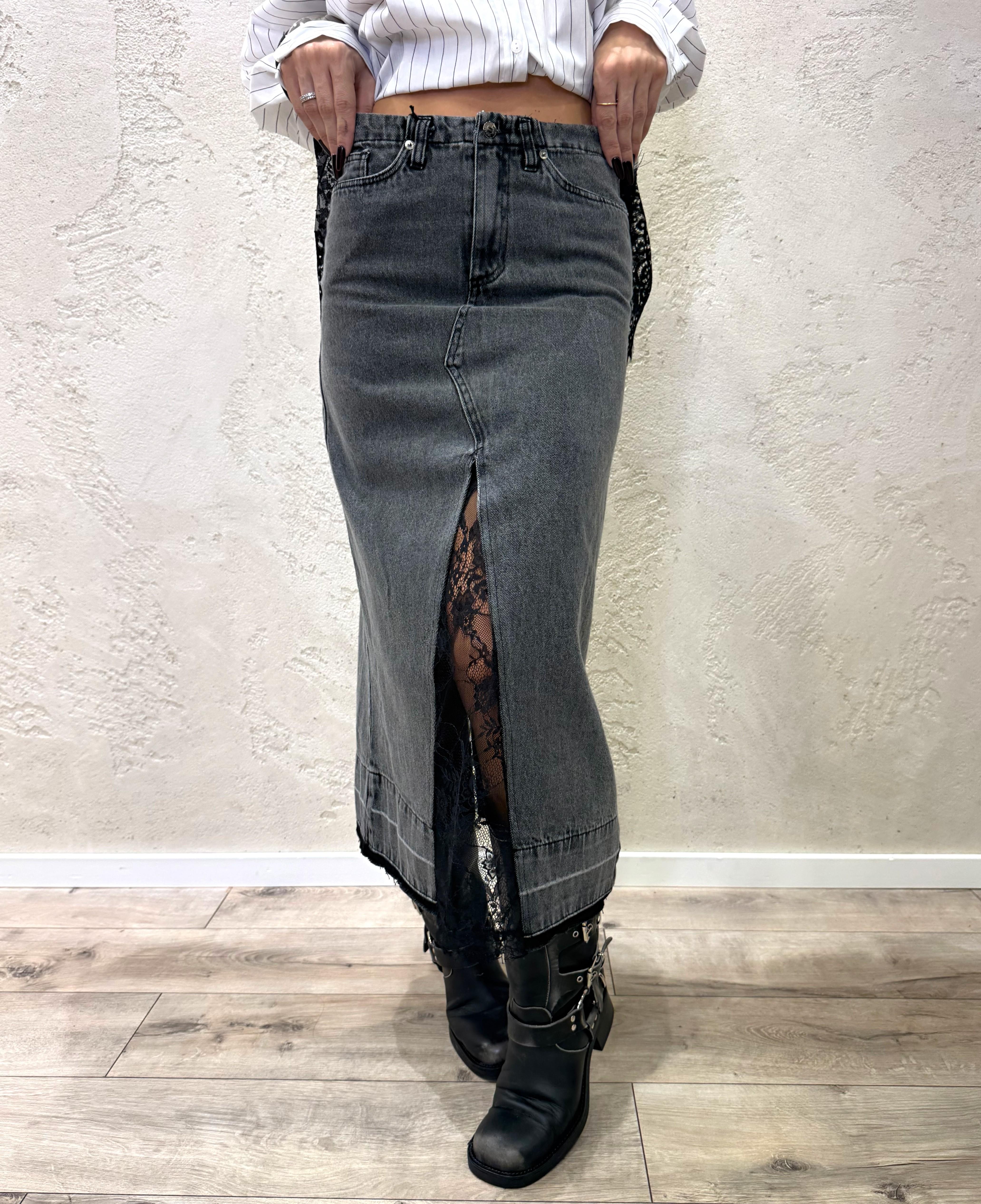 gonna midi in jeans con inserti in pizzo W25G618 ANTRACITE TENSIONE IN