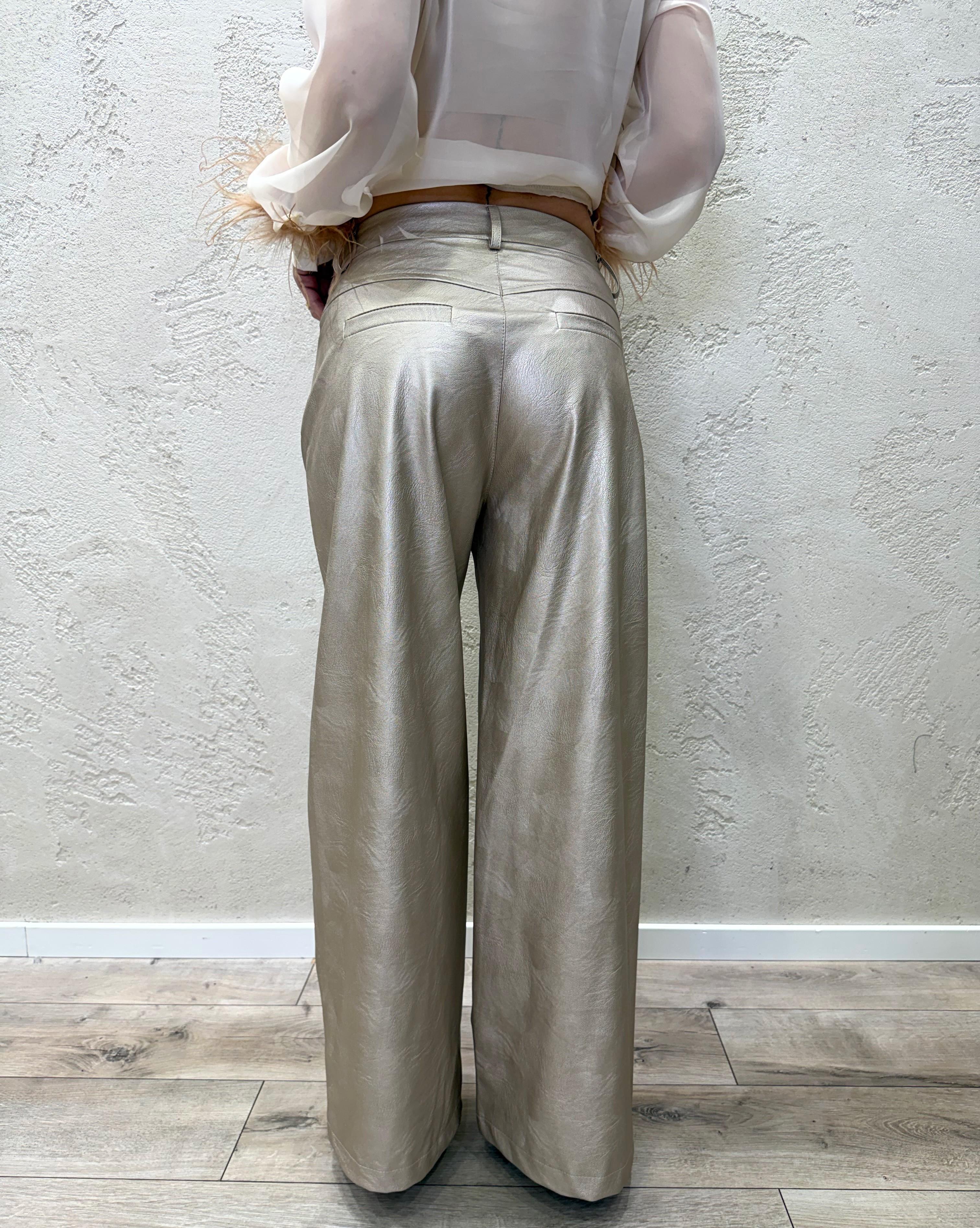 pantalone a palazzo in ecopelle martellata effetto laminato 224223 ORO MOTEL