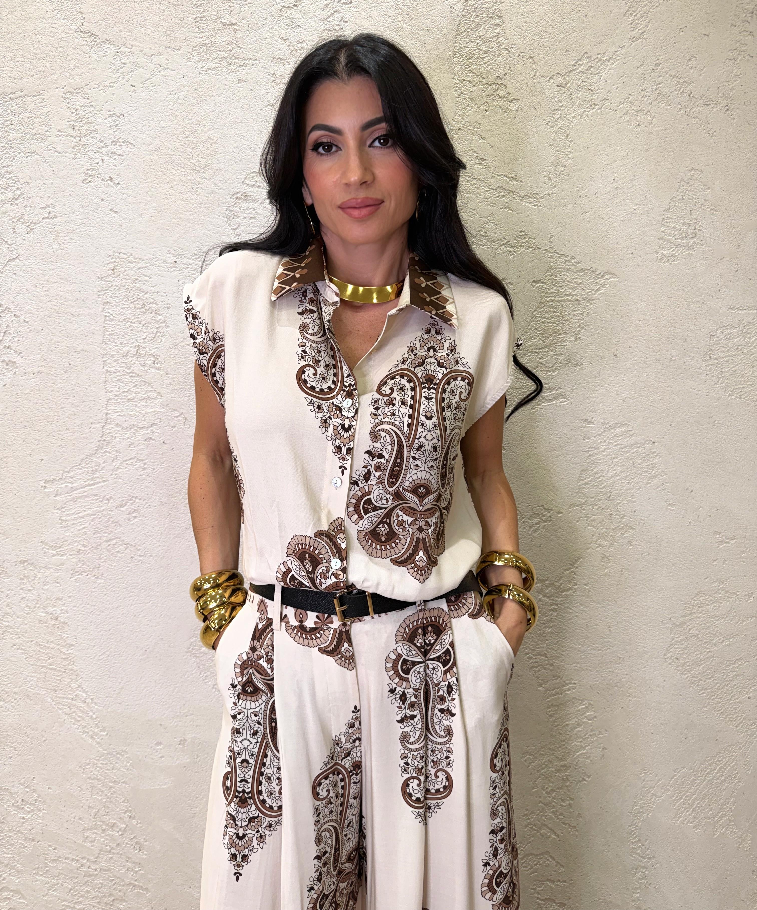 camicia smanicata in 100% viscosa fantasia etnica 28326H2 BEIGE SUSY MIX