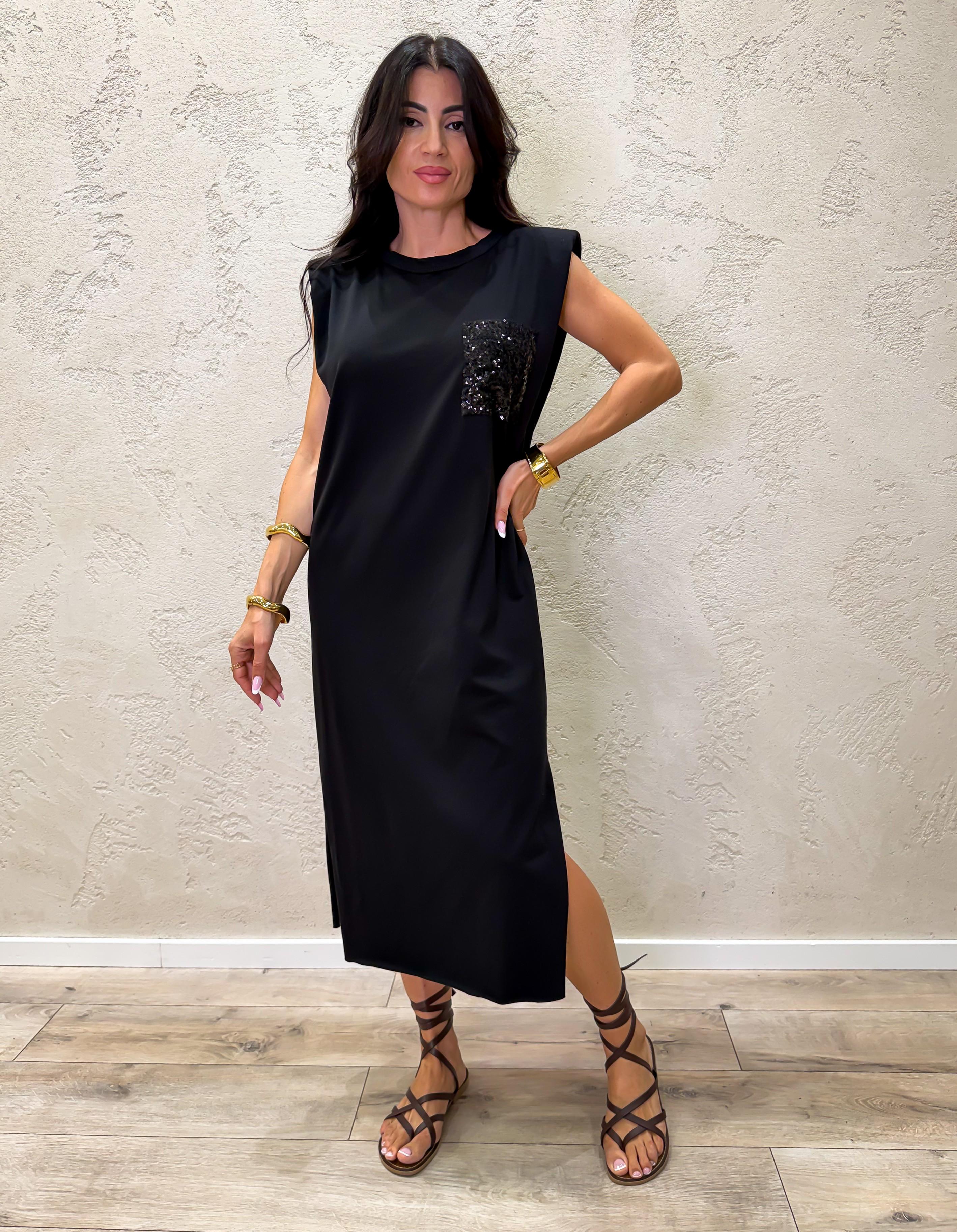 abito midi in cotone elasticizzato tasca pailettes e spalline rinforzate 12251 NERO SUSY MIX
