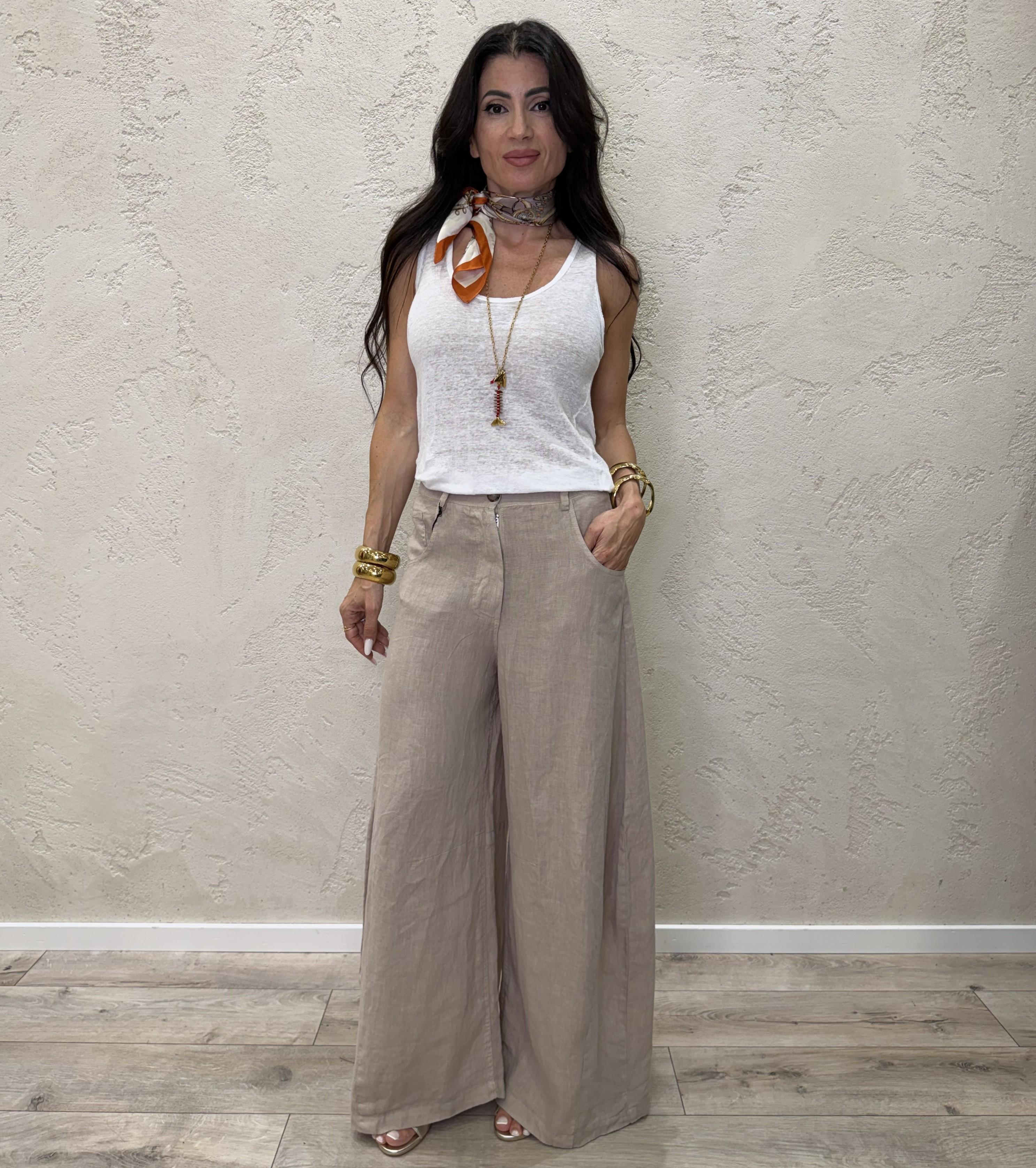 pantalone in puro lino modello luvre barrel fit S26PE64 SABBIA TENSIONE IN