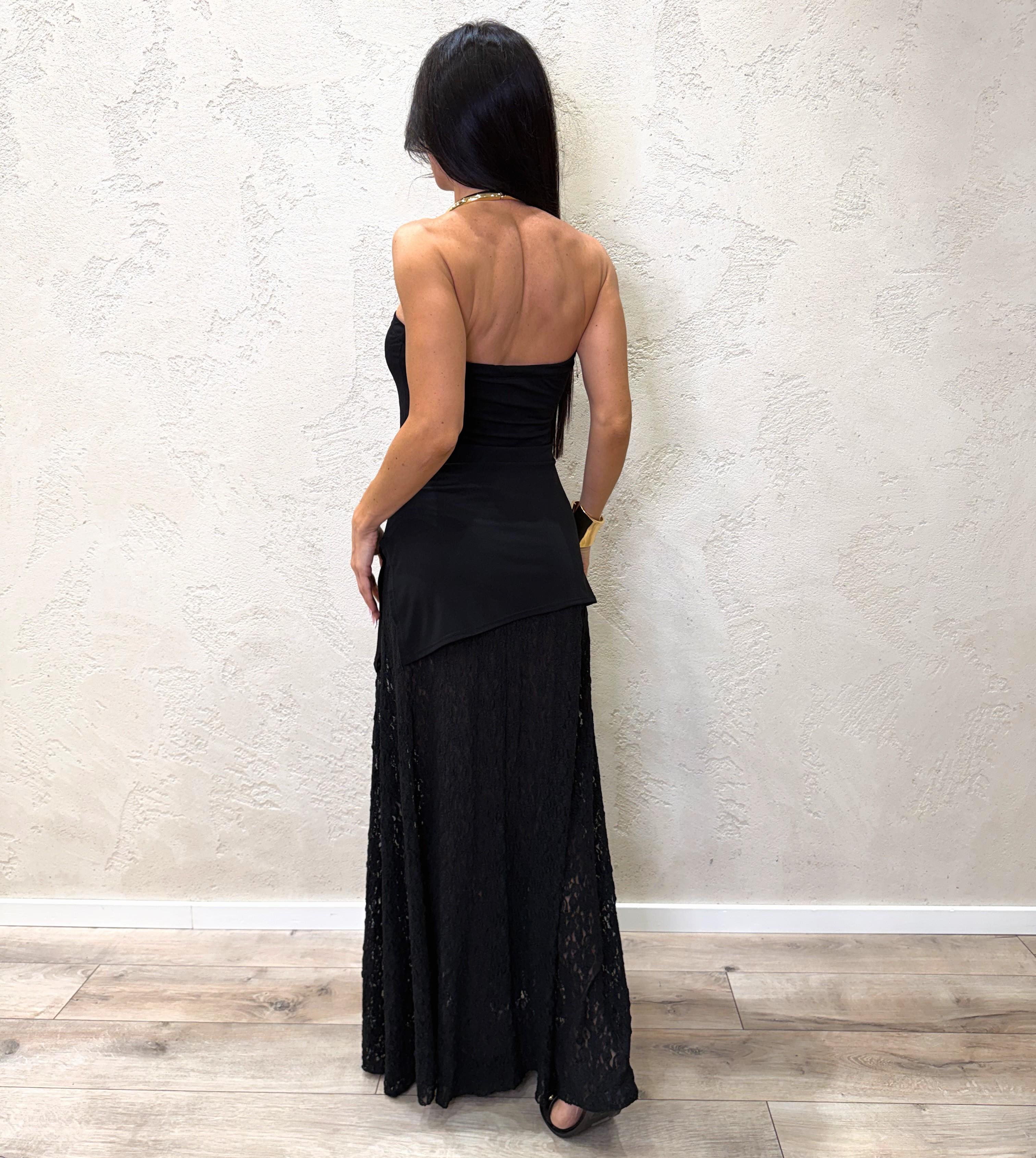 abito lungo a fascia in dobbio tessuto con fondo in pizzo A118263 NERO SUSY MIX
