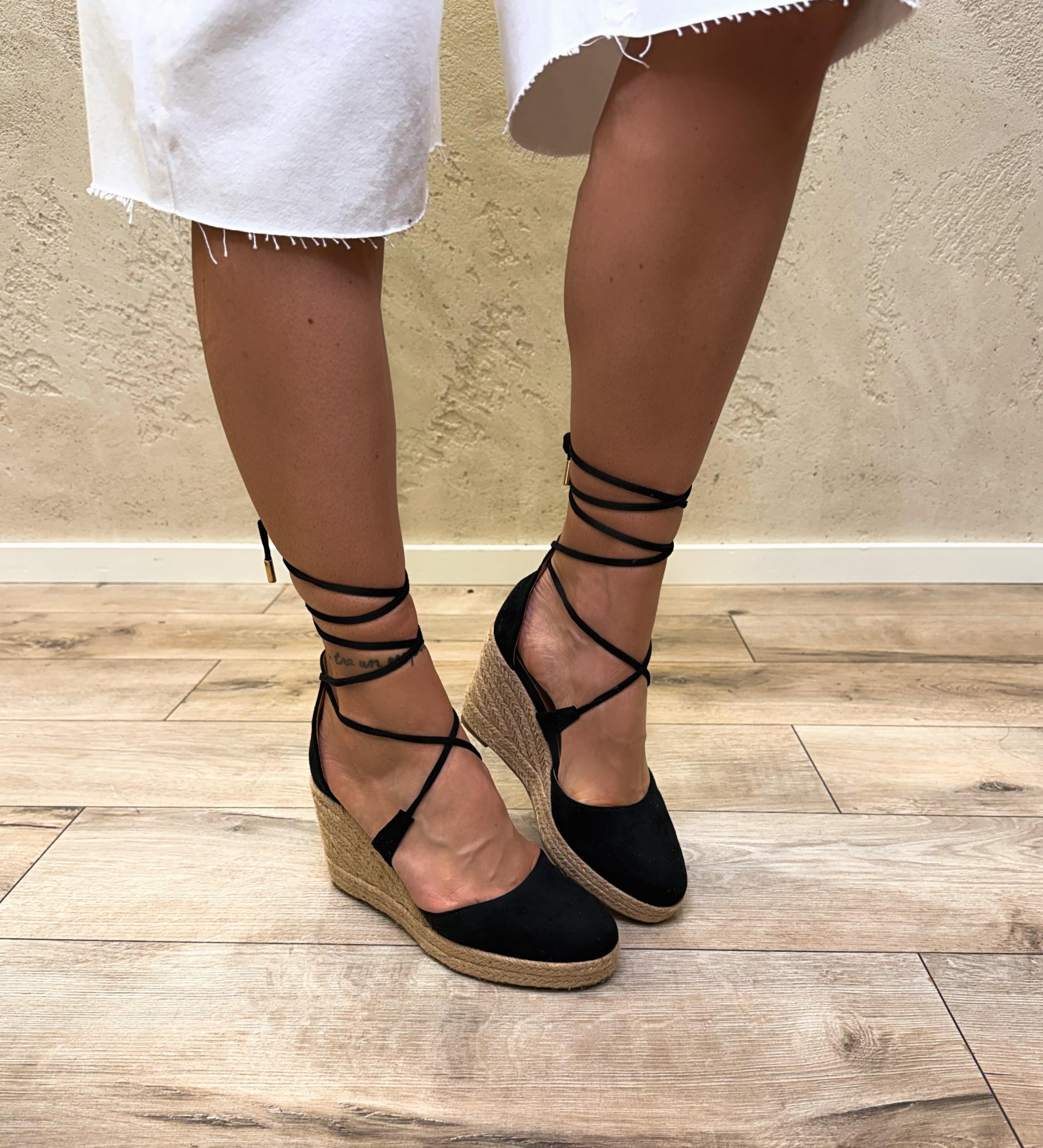 zeppe in pelle con plateau in raffia 14-3714 NERO DIVINE FOLLIE