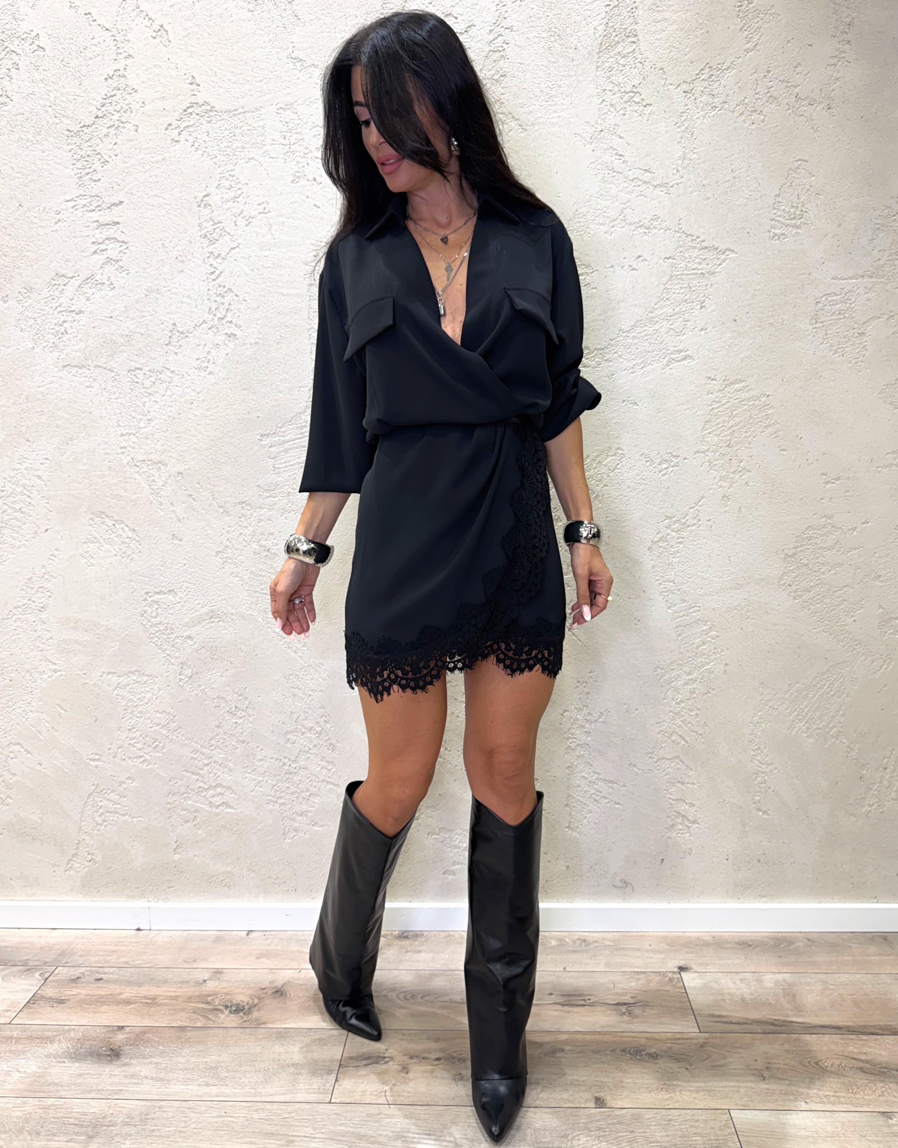 abito a portafoglio con inserti in pizzo FW250017 NERO TENSIONE IN