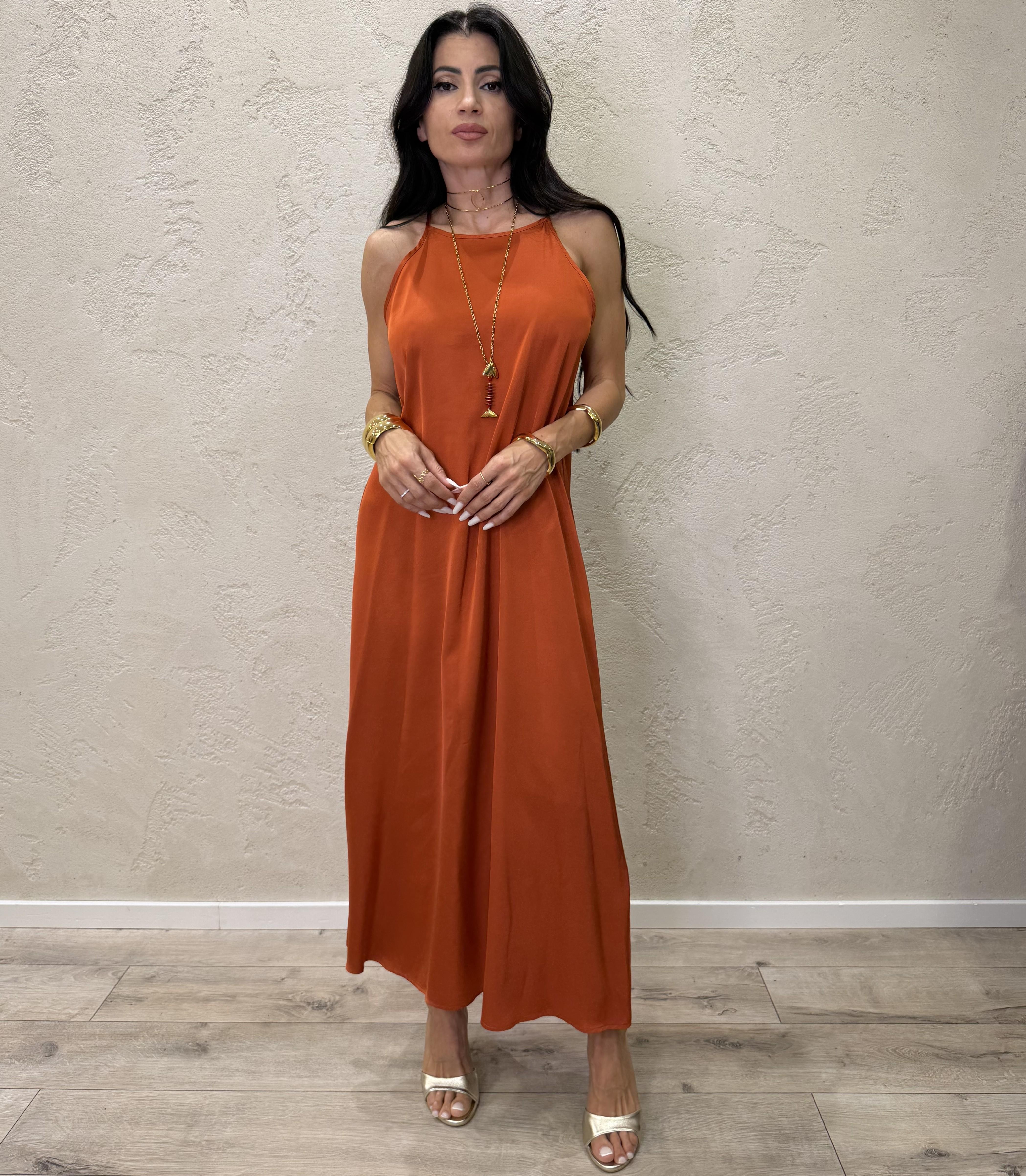 abito svasato in satin scollo all'americana TAB2585 PAPAYA VICOLO