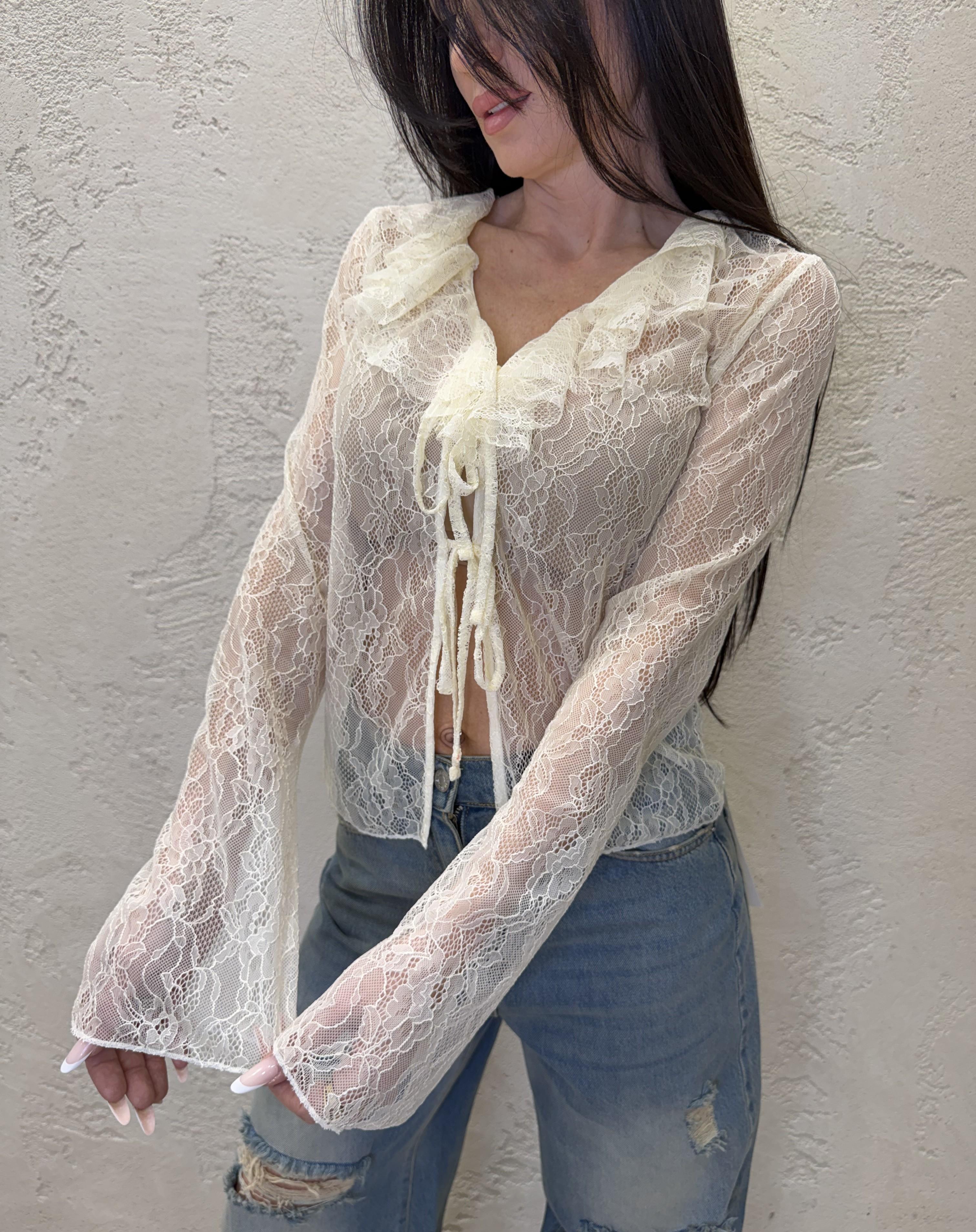 blusa in pizzo con lacci frontali TAB1521 BURRO VICOLO