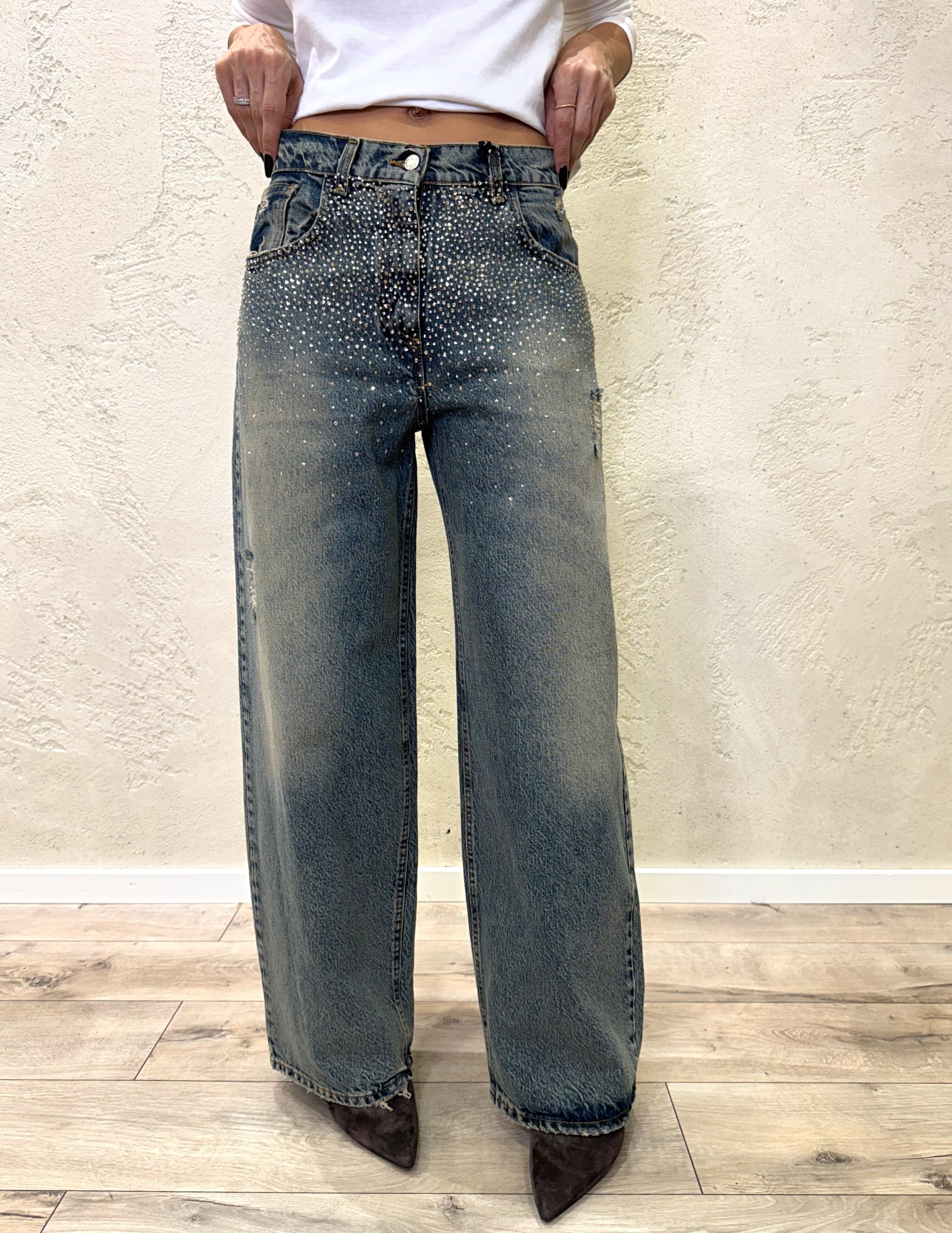 jeans modello bella gamba dritta con strass in vita PLS-P010 THE HAVEONE