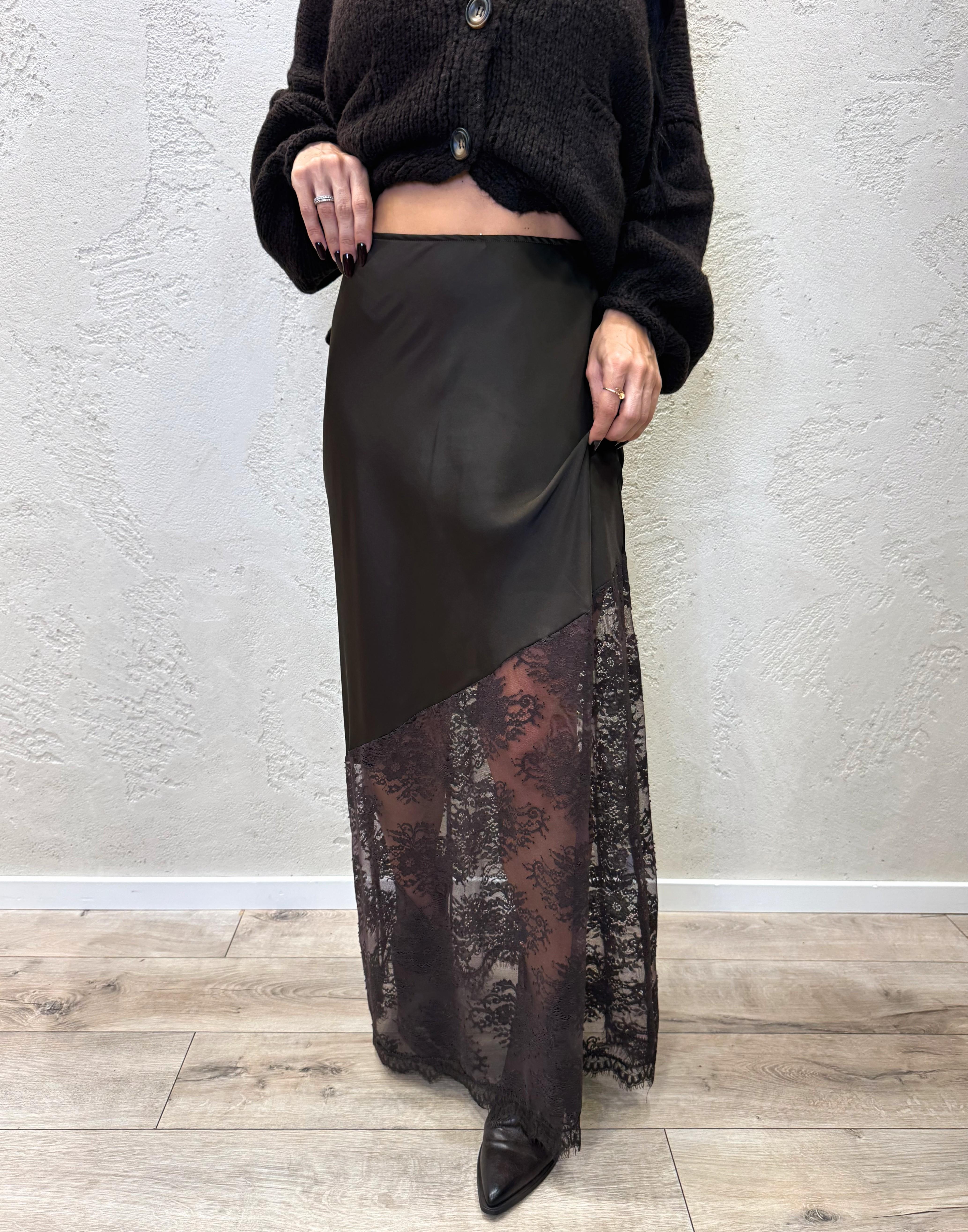 gonna lunga doppio tessuto satin e pizzo GMA-9064 MORO HAVEONE