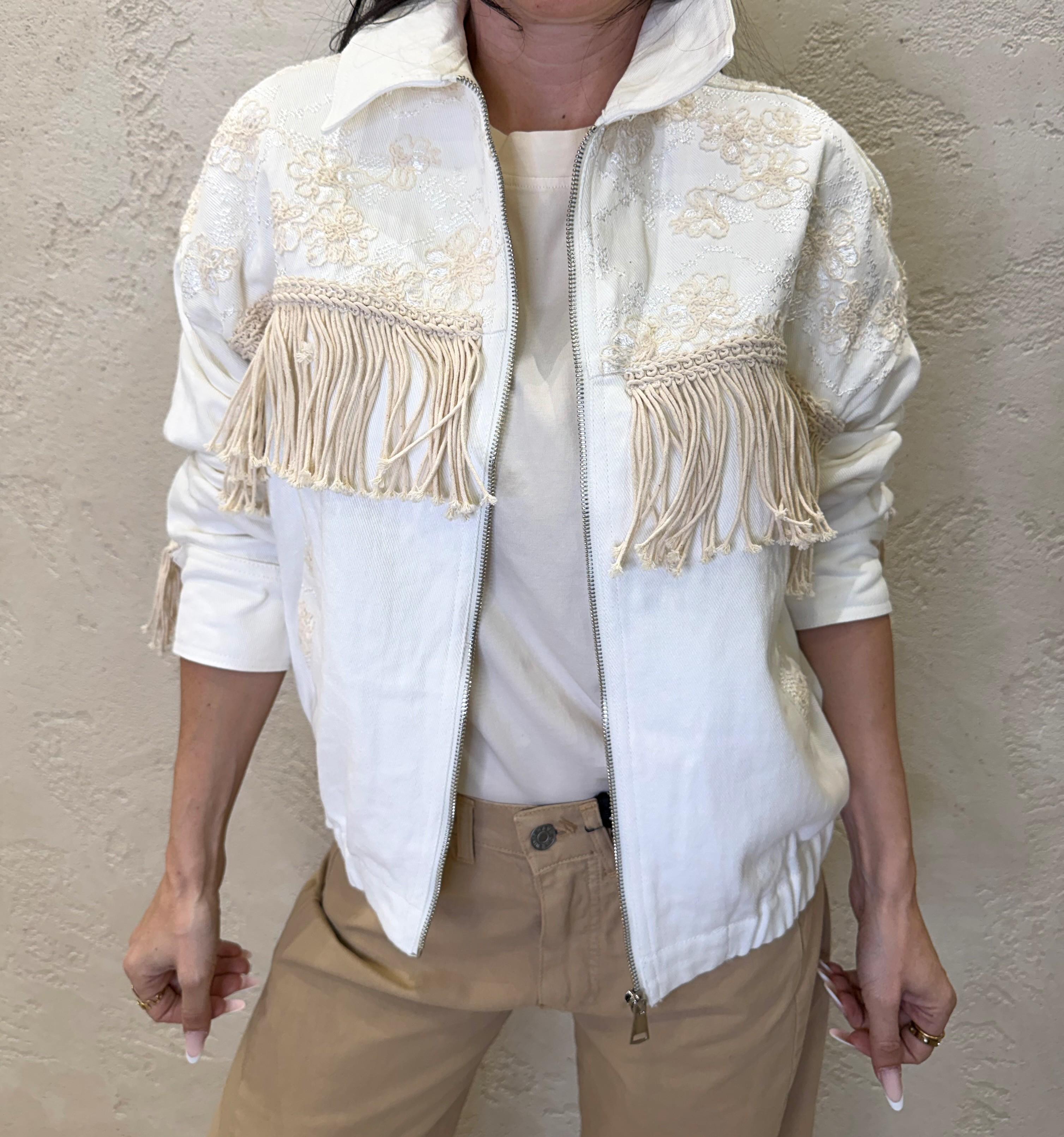giacca in jeans modello bomber con frange e ricami. JSS-Q093 BIANCO HAVEONE