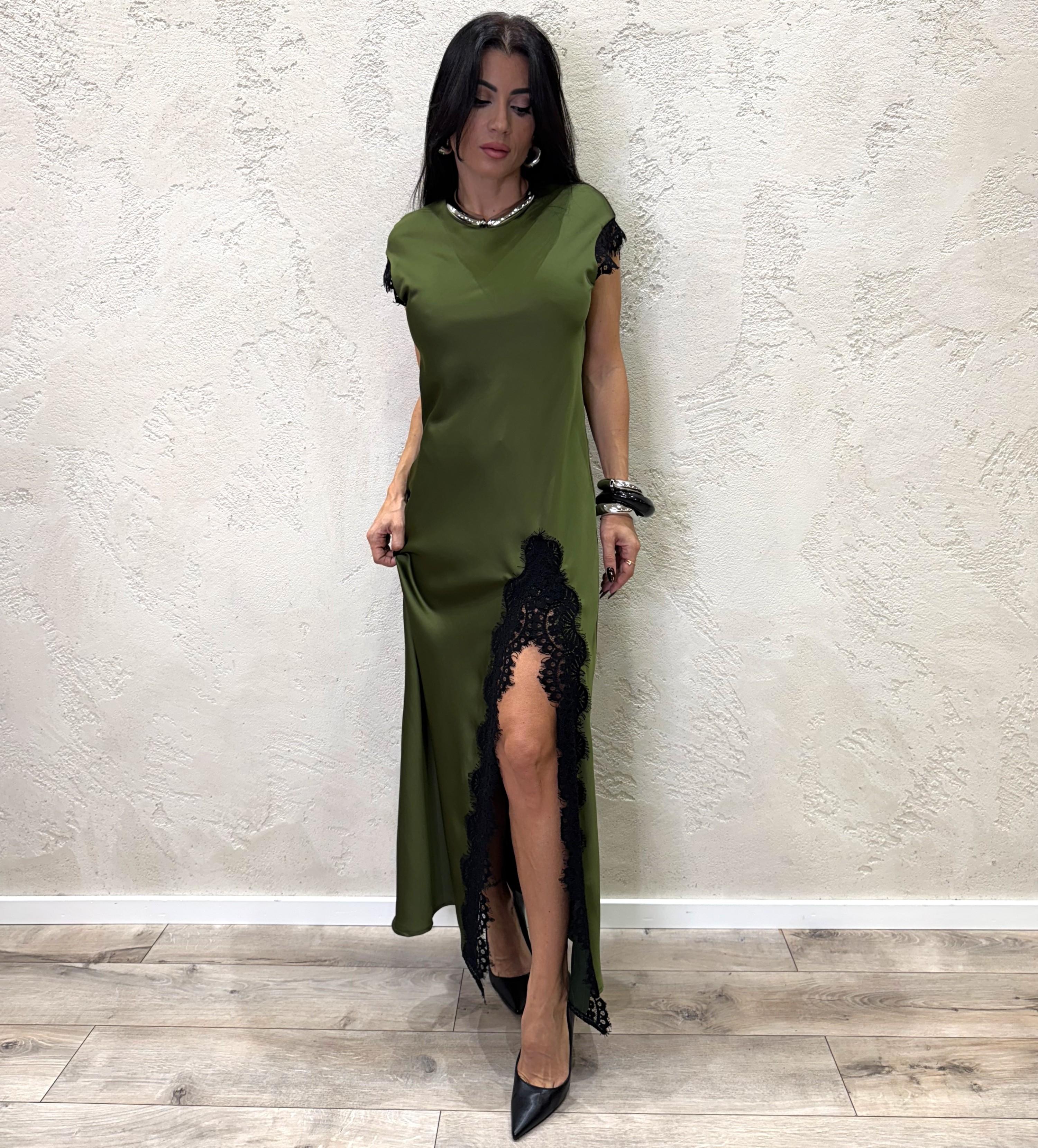 abito lungo in satin con inserti in pizzo W25A258 MILITARE MOTEL