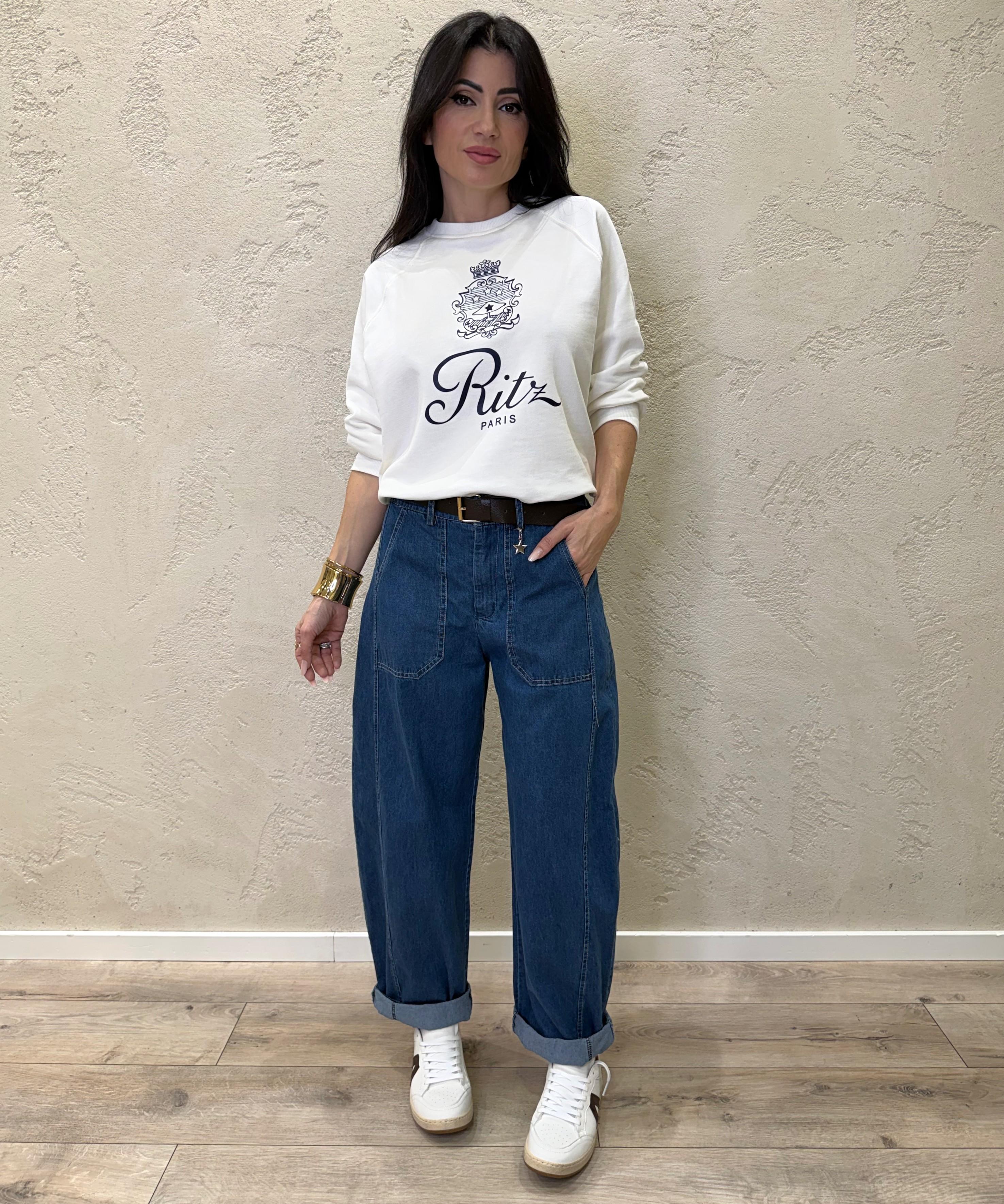 felpa garzata con stampa frontale 26M3674 BIANCO/BLU TENSIONE IN