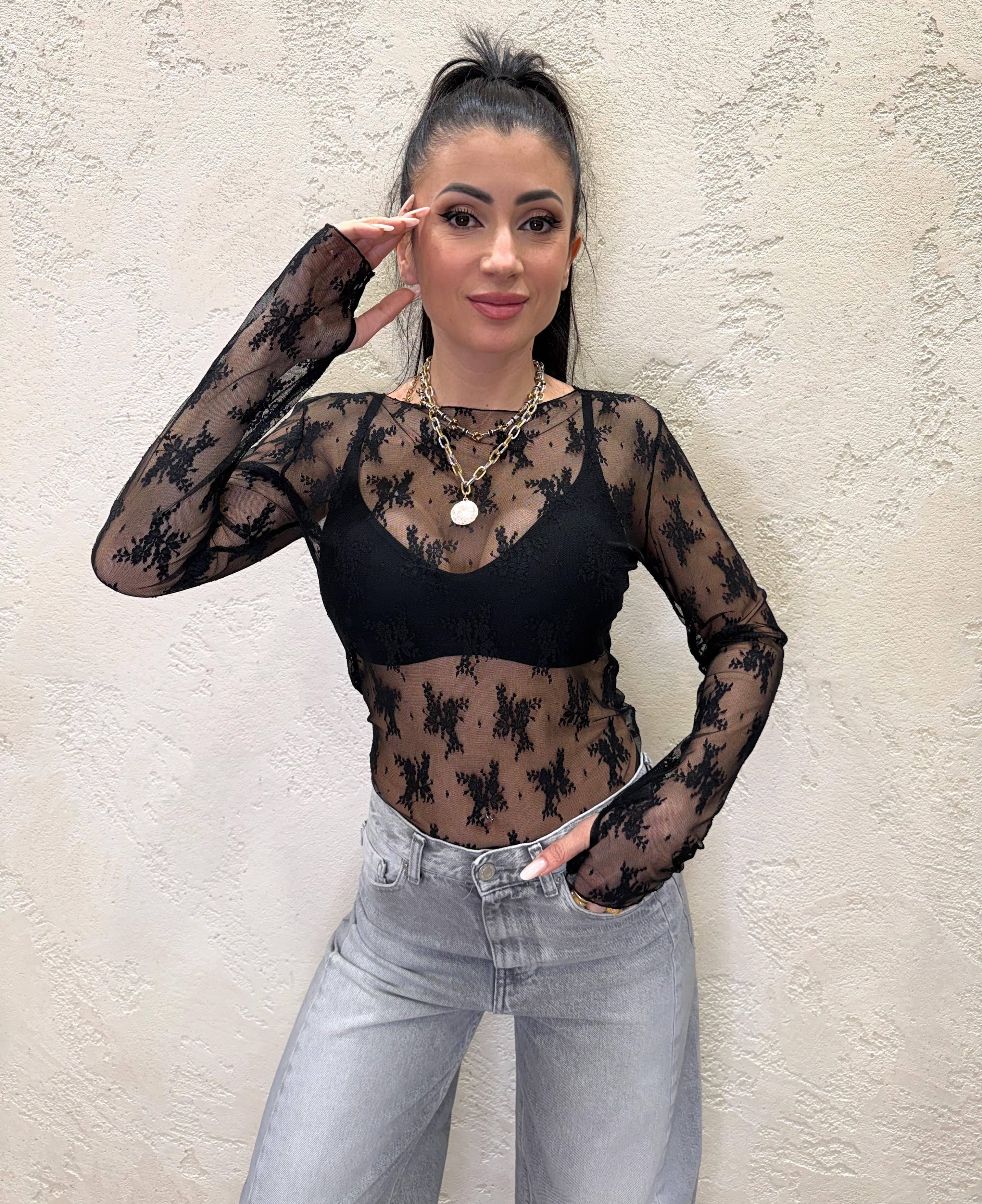 maglia in pizzo con scollo a barca e manicotti 10997 NERO SUSY MIX