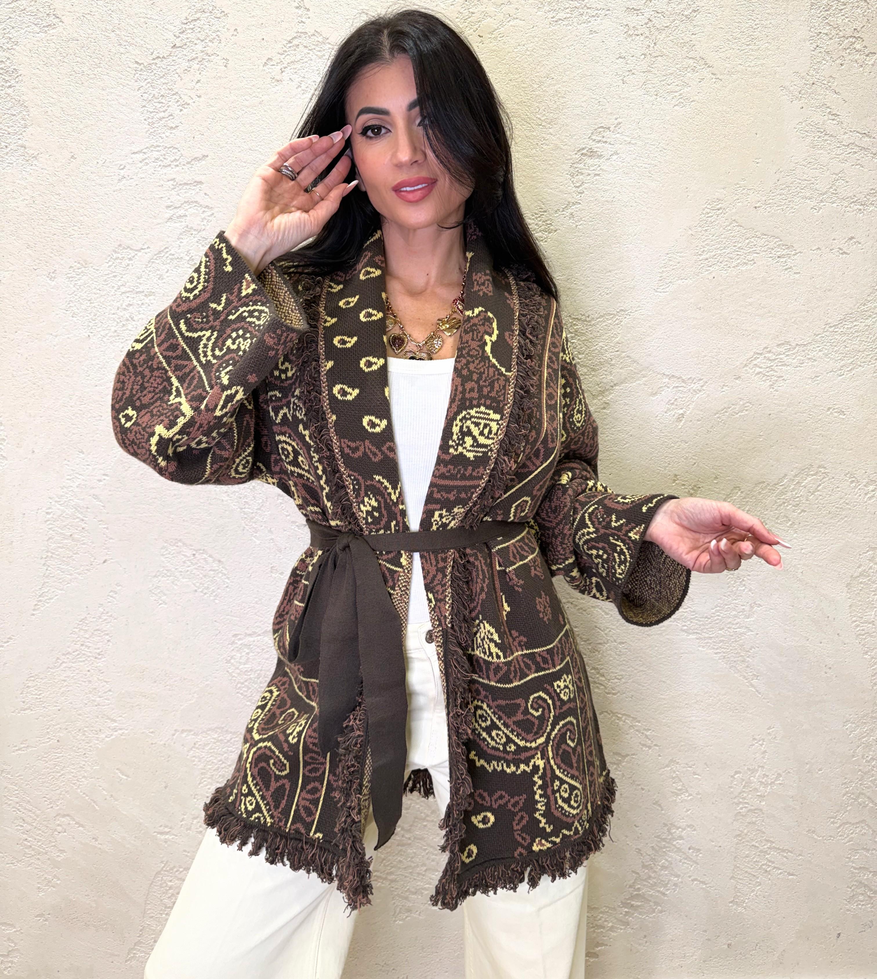 cardigan in maglia sfrangiato fantasia bandana 7AB7028 MORO VICOLO