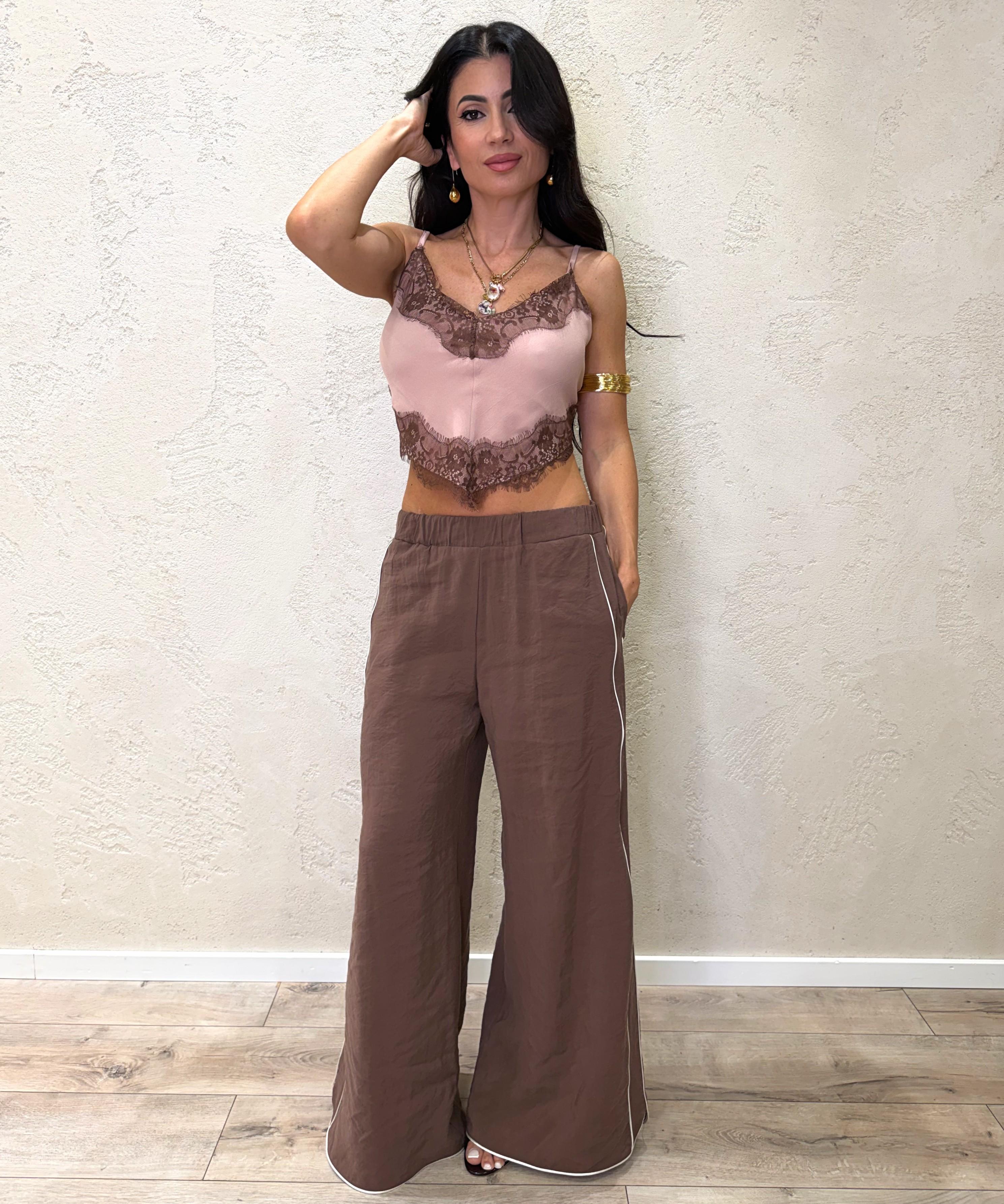 pantaloni in modal a palazzo con profili a contrasto PMA-Q575 MORO HAVEONE