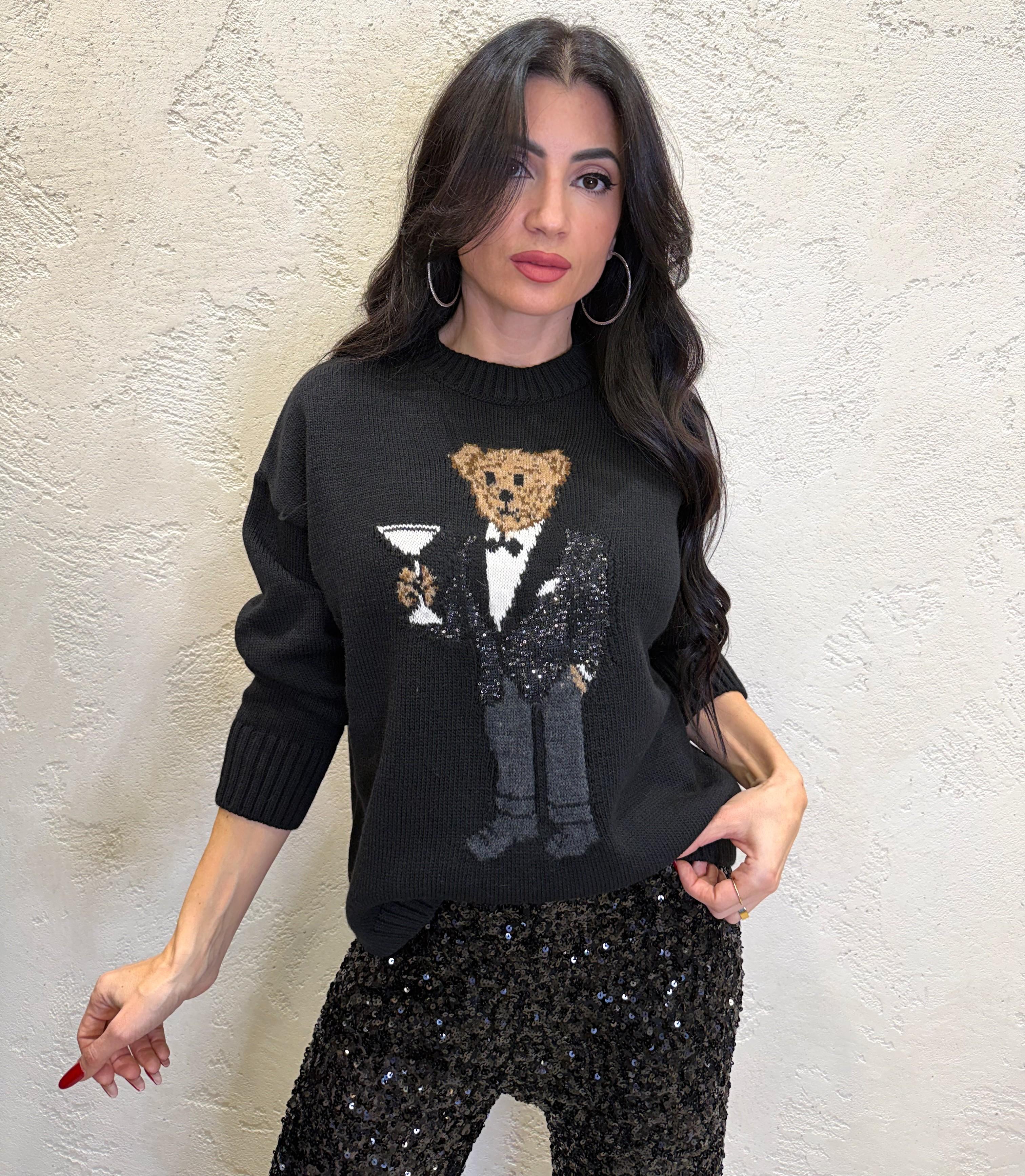 maglioncino con ricamo orso in smoking W5HMJ59A4000R NERO TENSIONE IN