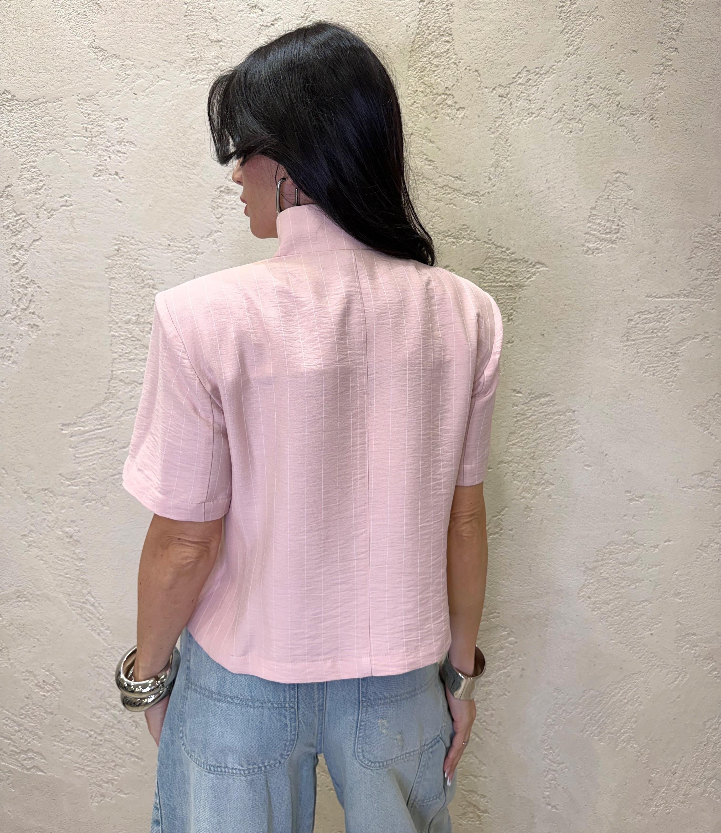 giacca manica corta gessata con collo alla coreana e chiusura asimmetrica JMN-Q115 ROSA CIPRIA HAVEONE