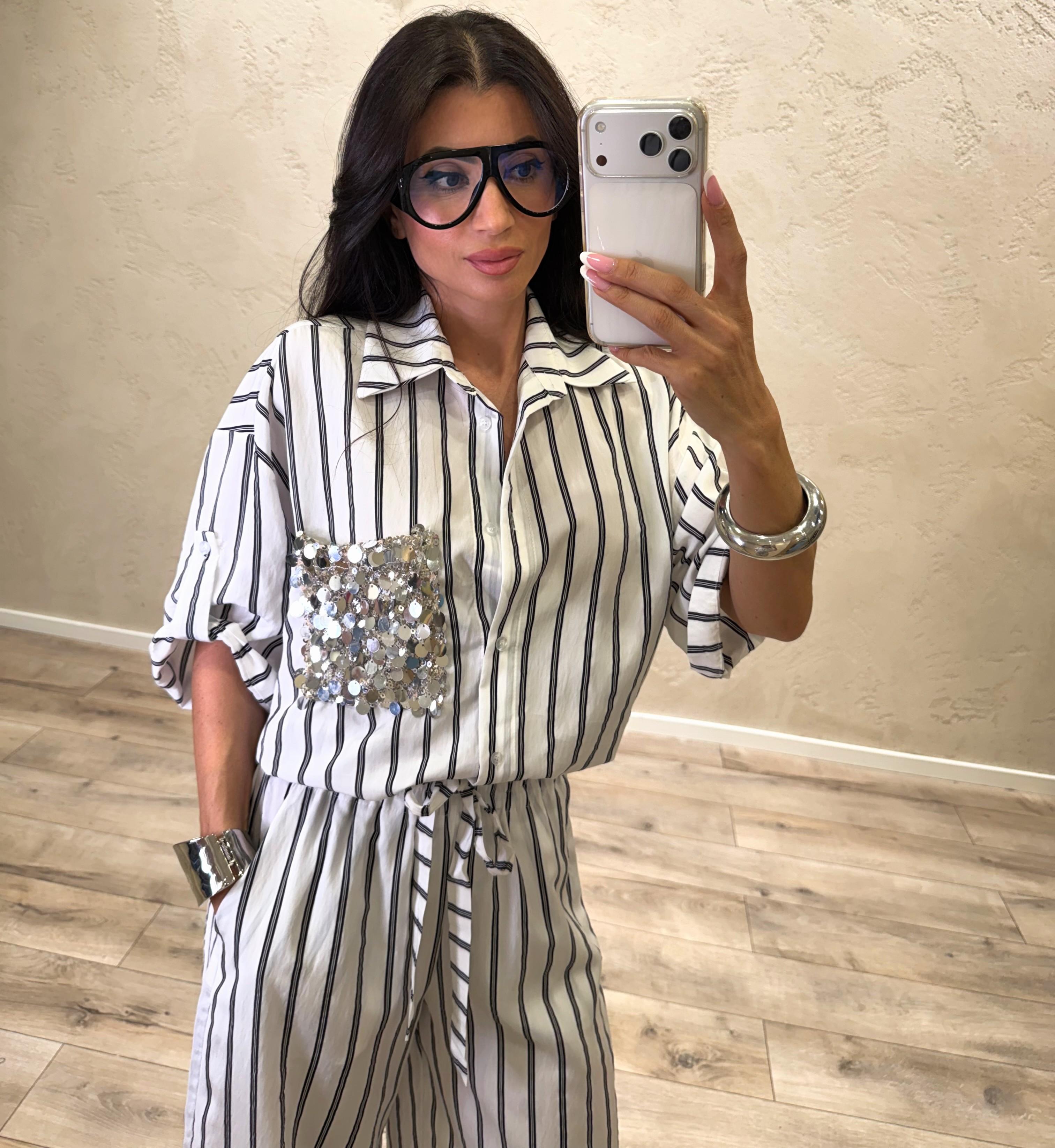 camicia maniche corte a righe con tasca pailettes PE260217 BIANCO/NERO TENSIONE IN