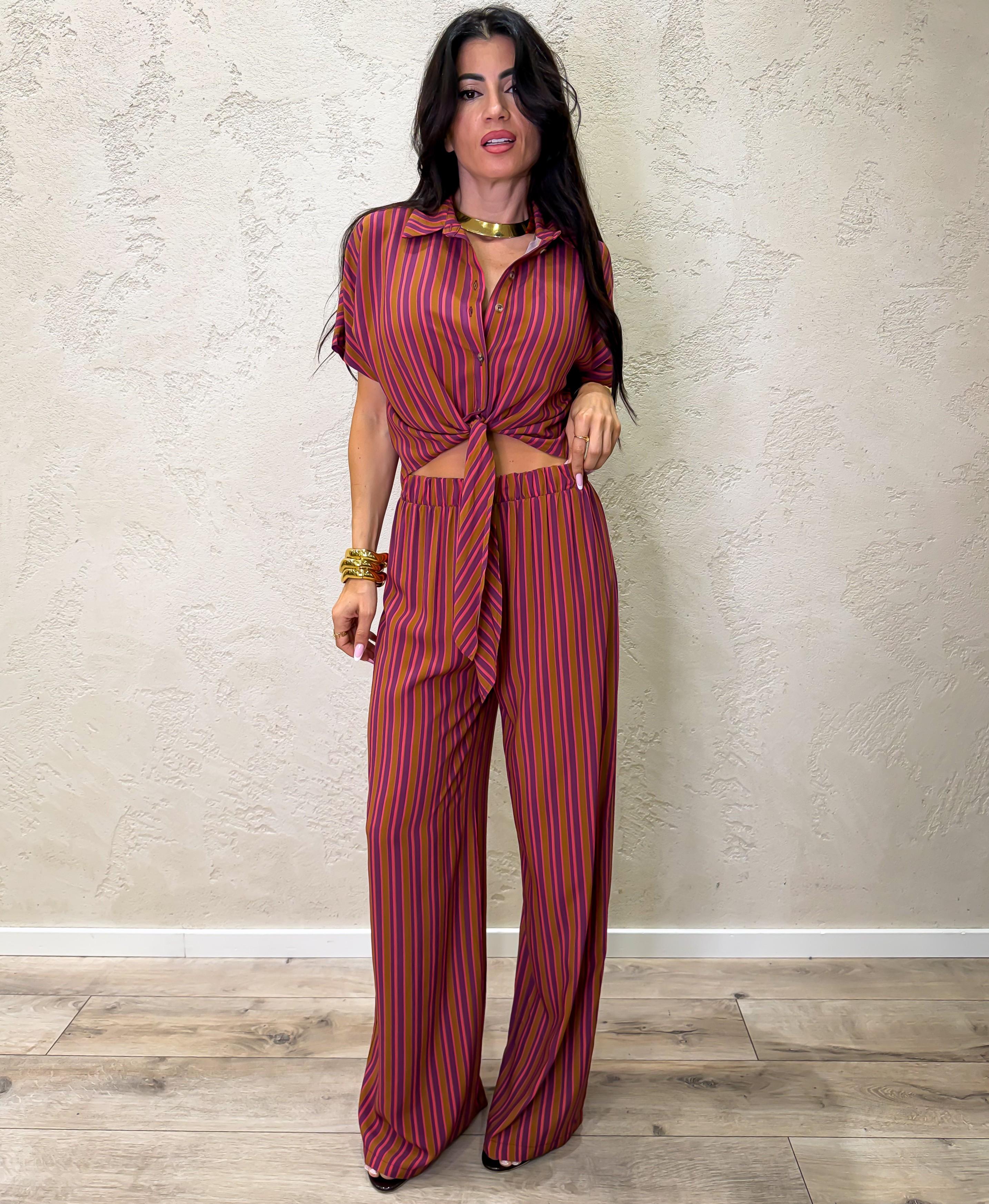 pantalone a palazzo in 100% viscosa fantasia a righe PMA-Q672 ROSA/BRUCIATO HAVEONE