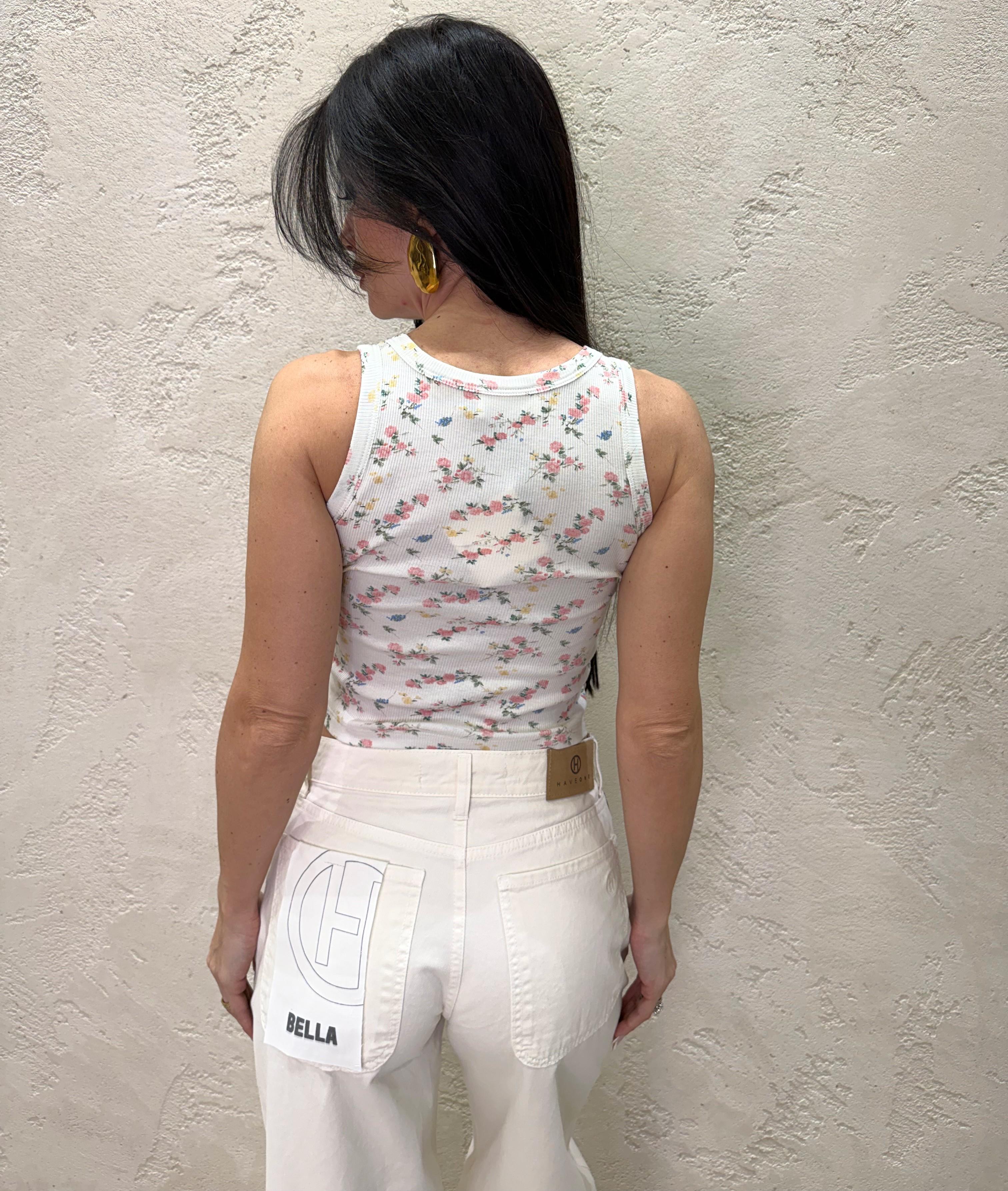 canotta crop elasticizzata a costine con bottoncini stampa fiori UAB0185 NATURALE VICOLO