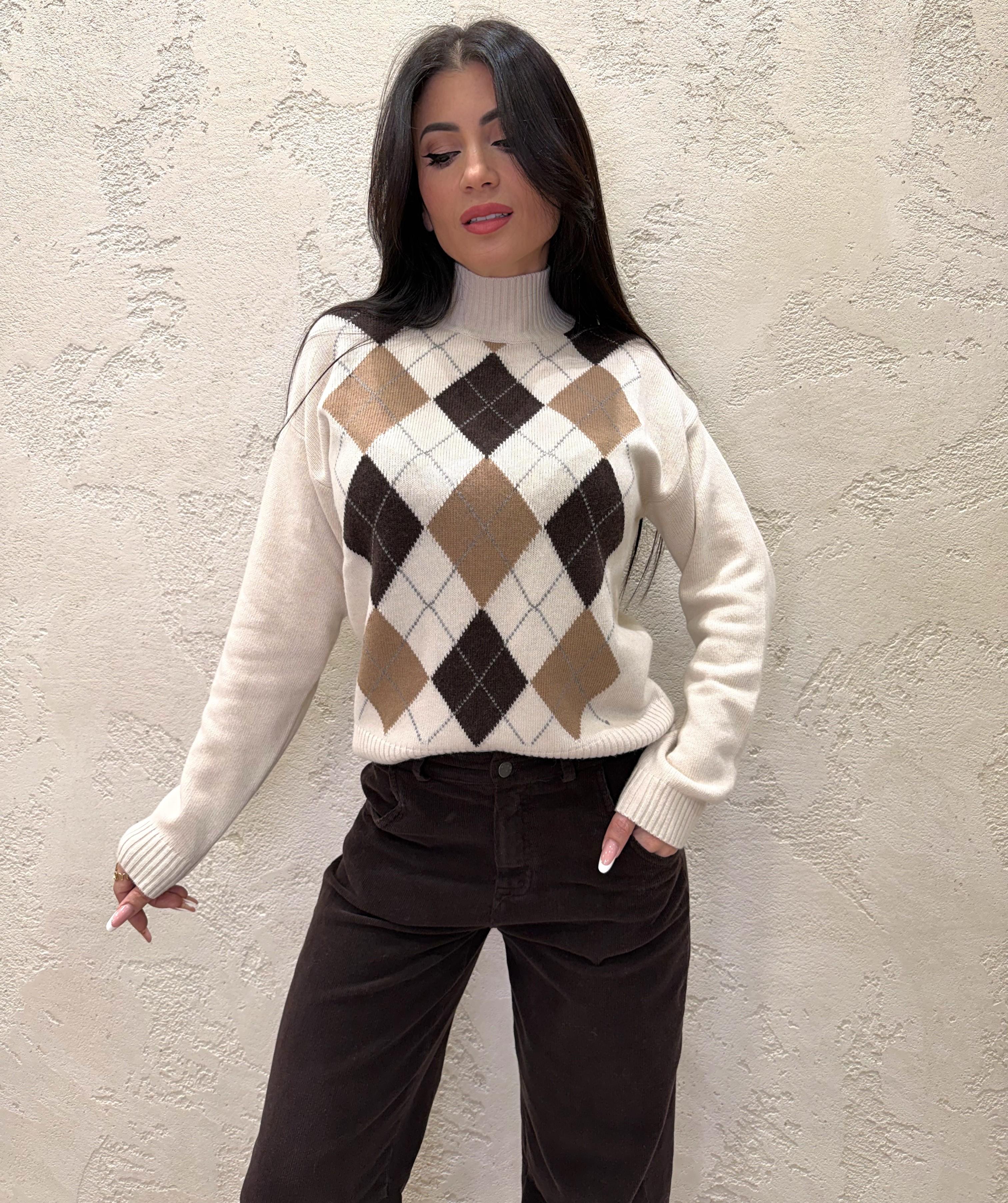 pull mezzo collo misto lana e cashmere fantasia rombi D82058 BURRO/MORO MOTEL