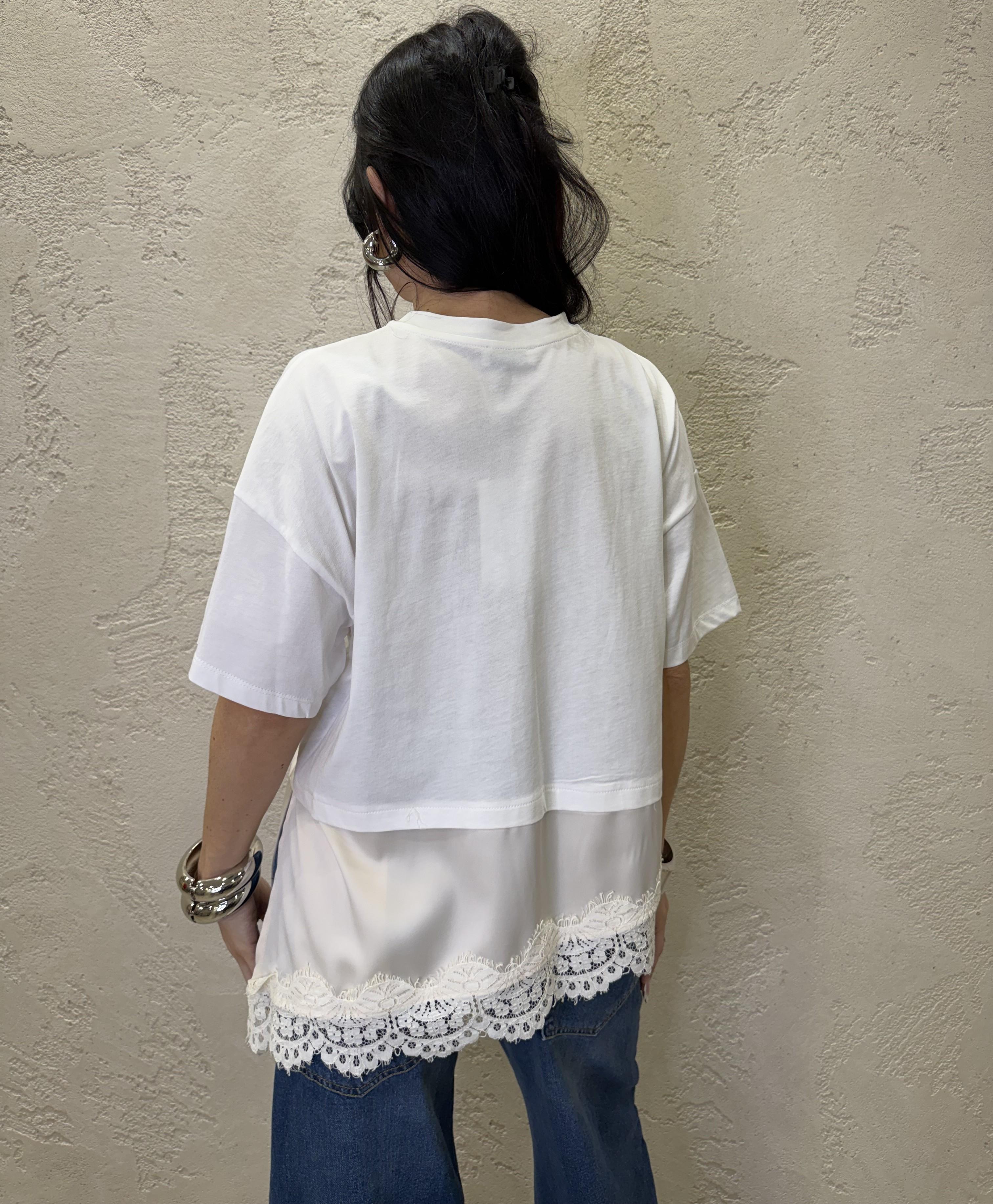 t-shirt a scatoletta con inserto satin e pizzo T262A082 PANNA DIXIE