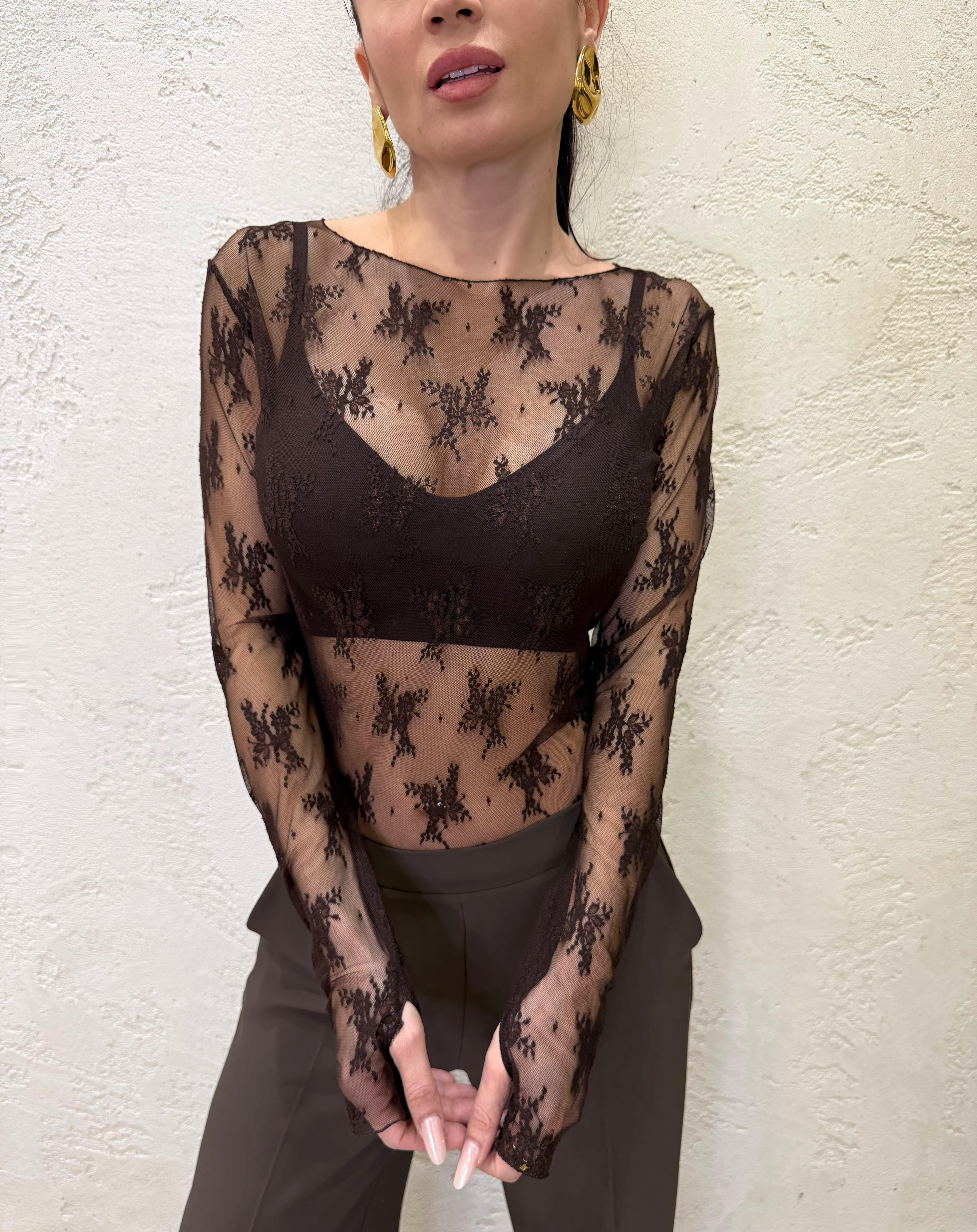 maglia in pizzo con scollo a barca e manicotti 10997 MORO SUSY MIX
