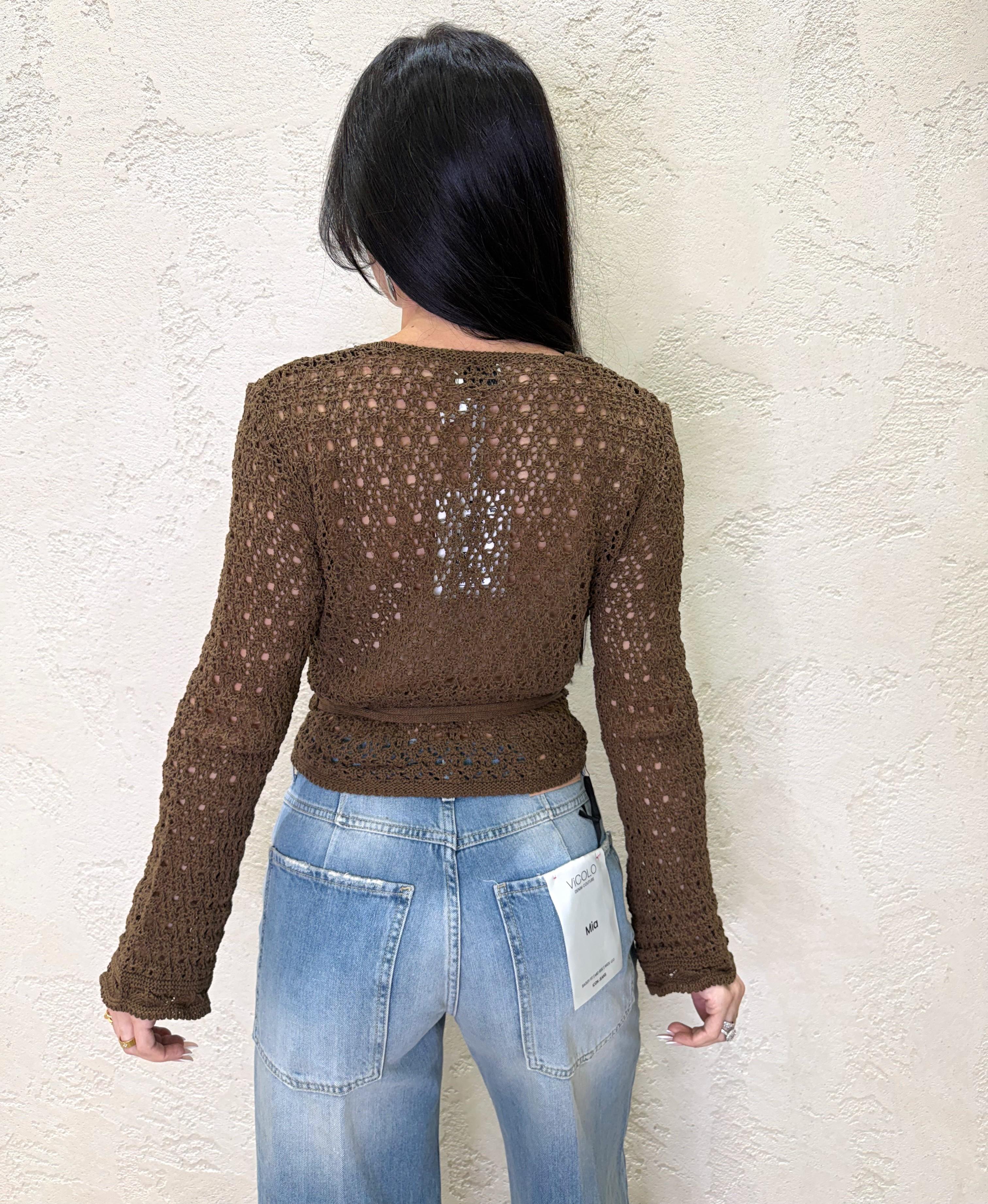 cardigan incrociato in maglia traforata con lacci 26218 CACAO SUSY MIX