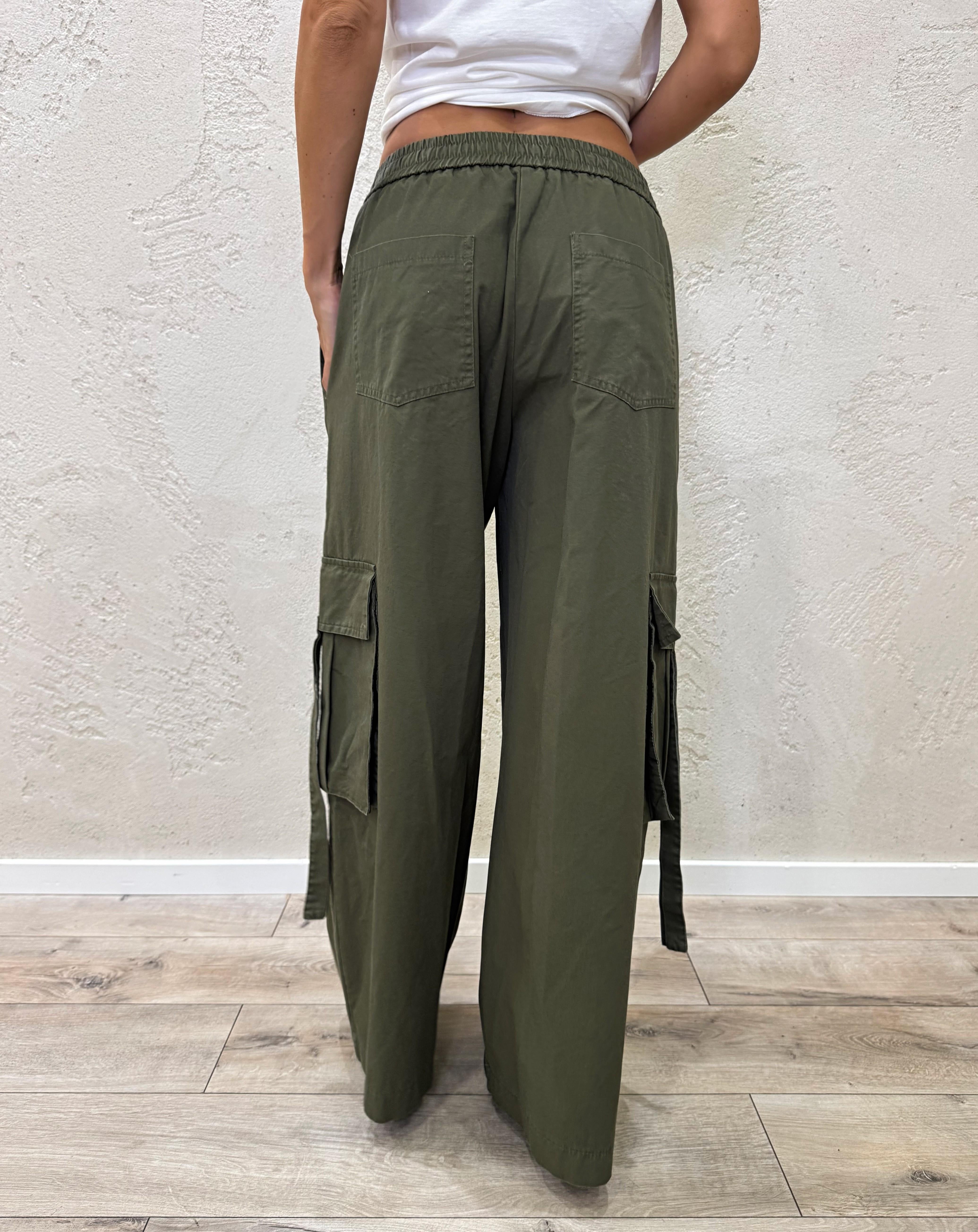 pantalone cargo a palazzo HM345 VERDE MILITARE TENSIONE IN