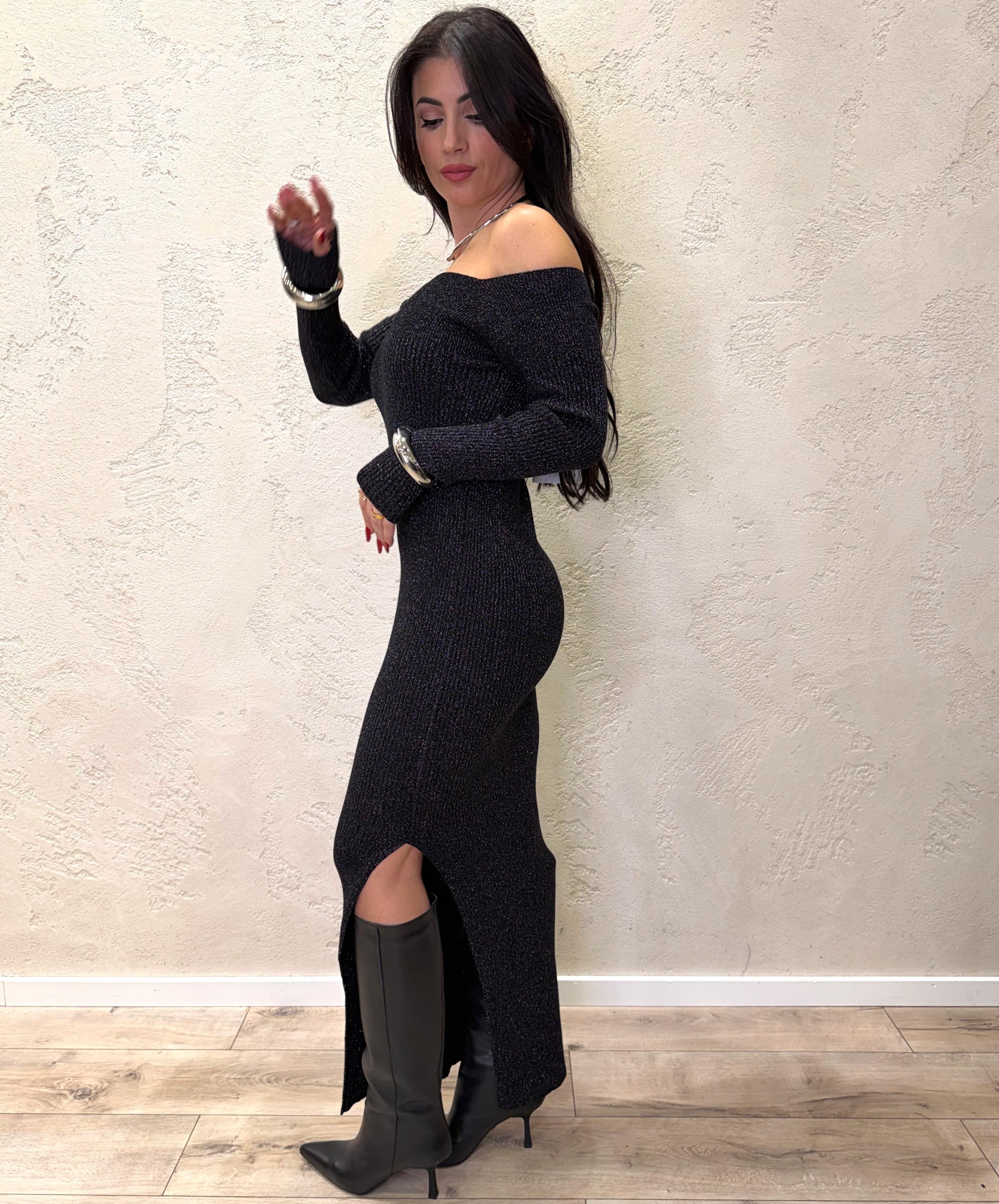 abito lungo in maglia lurex scollo schiffer con spacco ANC-P081 NERO HAVEONE