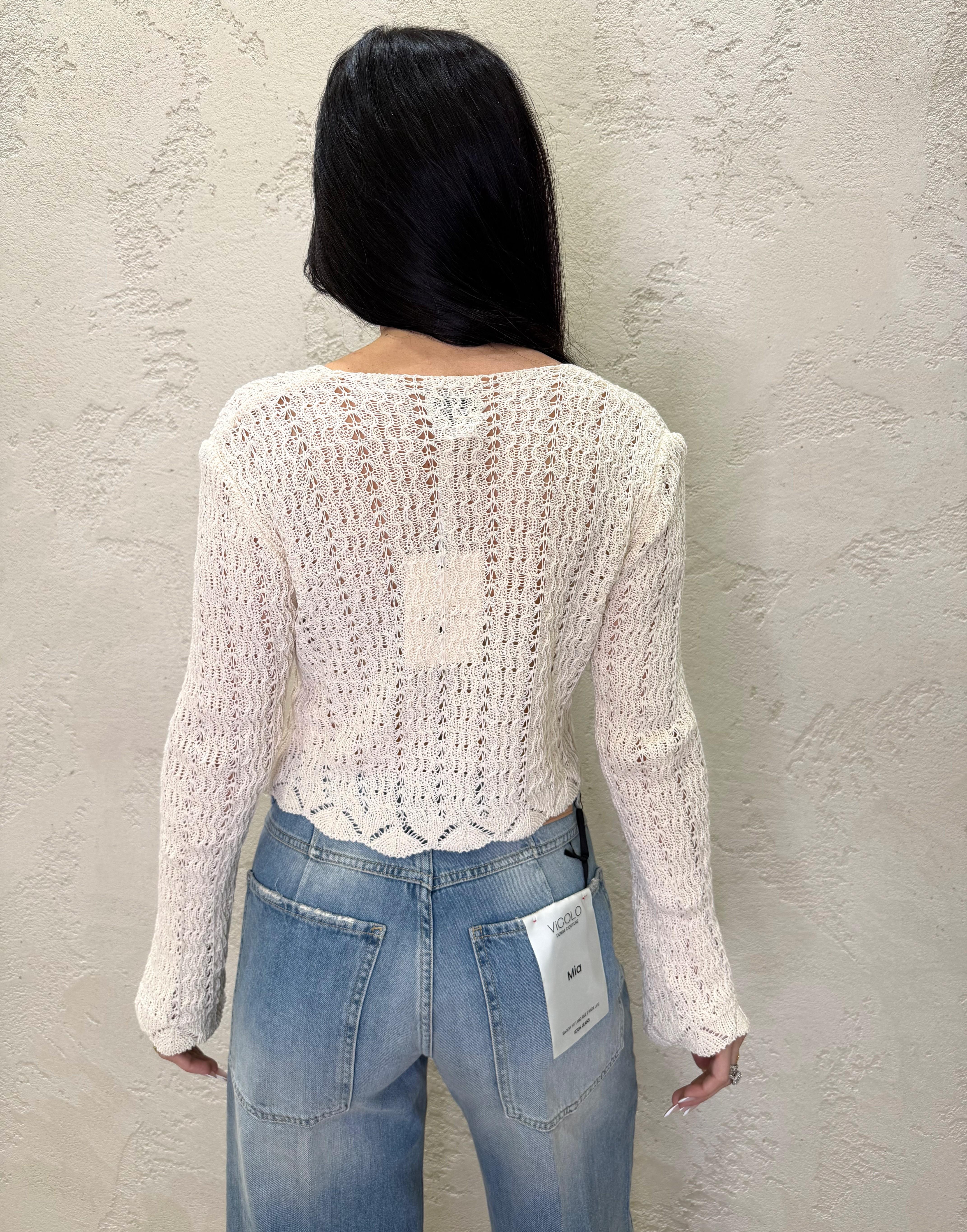 cardigan corto in maglia traforata con lacci frontali 26172 CREMA SUSY MIX
